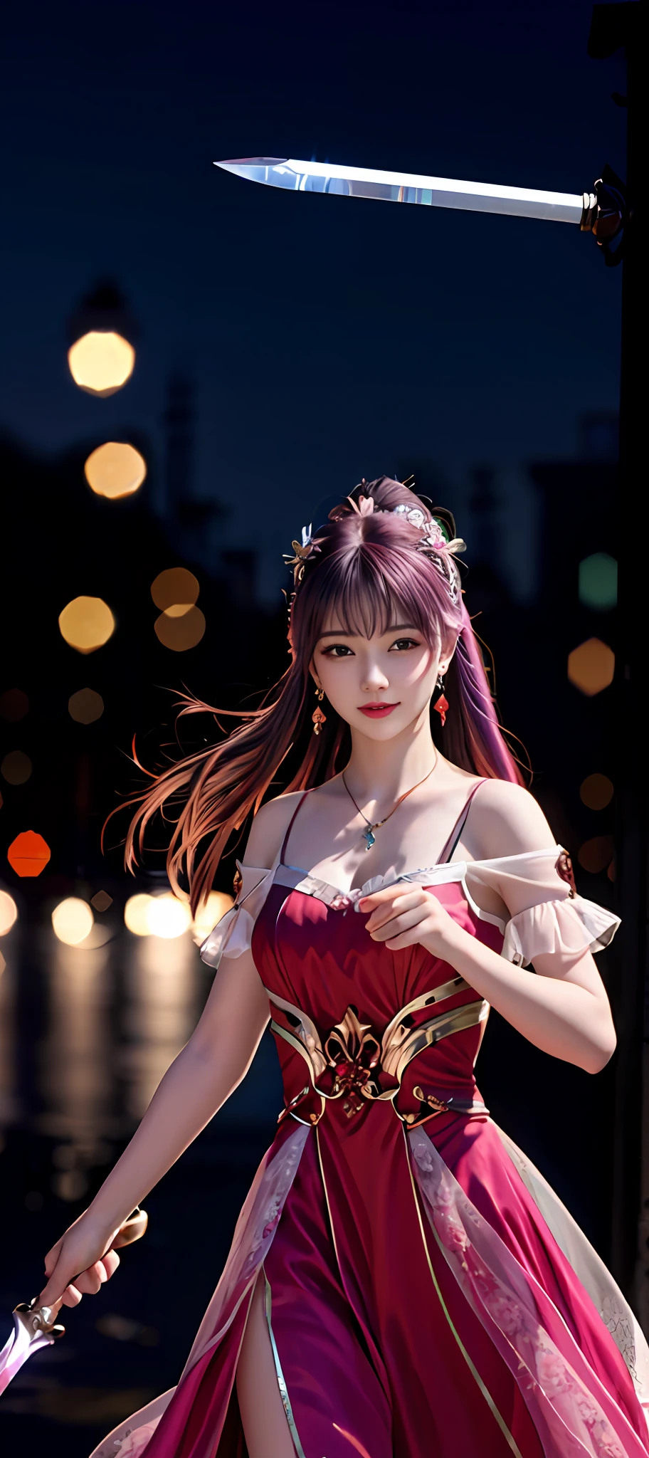 realisticity: 1.2), best quality, masterpiece, highres, cg, 1girl, weapon, sword, long hair, dress, water, solo, jewelry, red dress, earrings, hair ornament, splashing, upper body super realistis, hair bun, blue and pink hair, city backgraun realistis, lighting,candid, Photograph, high resolution, 8k, 10k, Bokeh,
