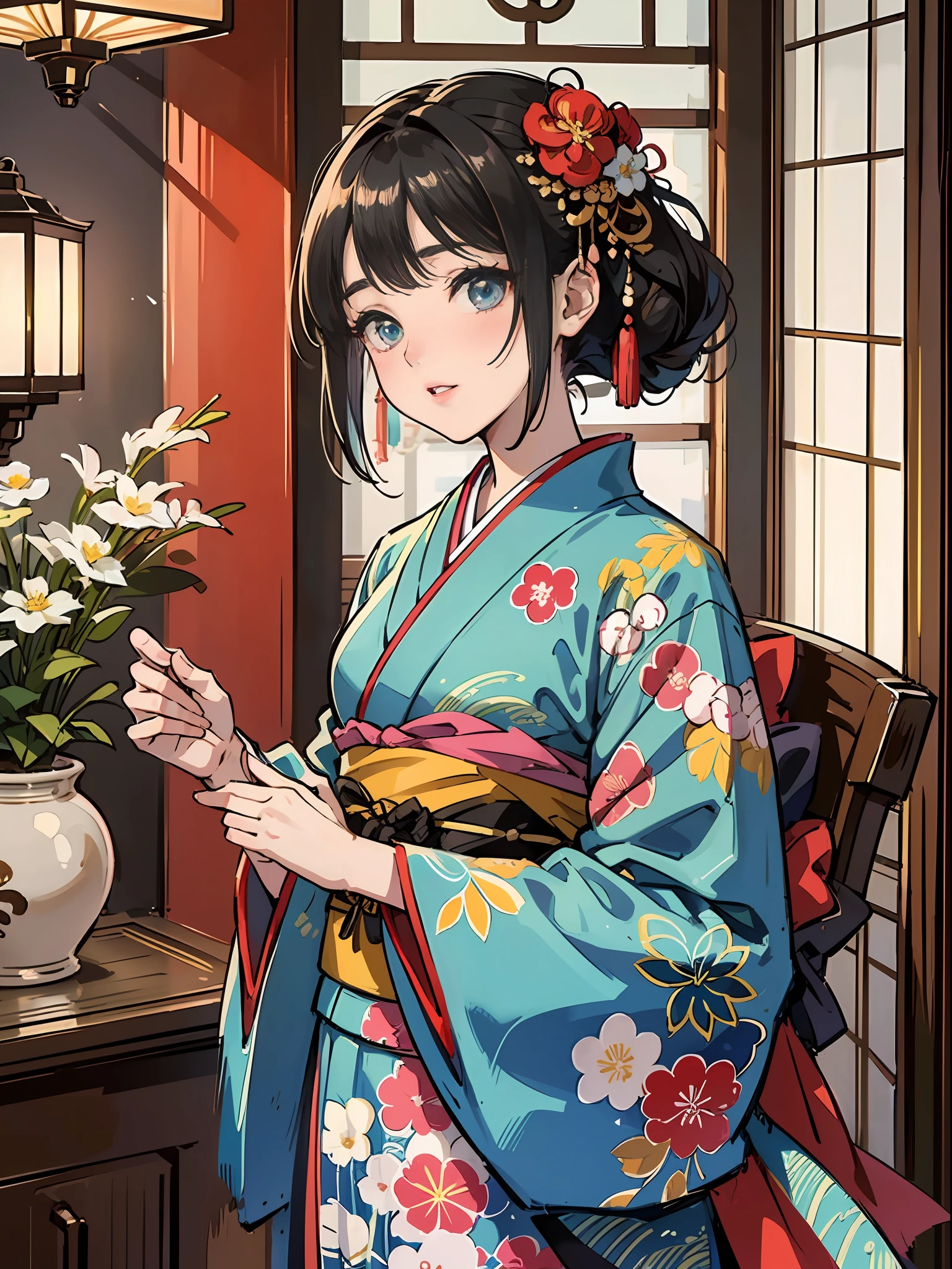 Master Pieces,hyper quality, Hyper Detailed,Perfect drawing,独奏、Beauty in the world、Komono、Japanese dress、Black-haired、Japanese hair、Colorful Japan kimono、Nishijin Ori、Delicate and smart eyes、Half-open lips、sidelong glance、Graceful、Gorgeous、Beautiful、red blush(0.2)、Dazzling、Stunning、Gorgeous、Gentle、Shunguang、natural soft light、Flowers and Birds Fugetsu、traditional Japanese room、Accurate drawing、Detailed drawing、