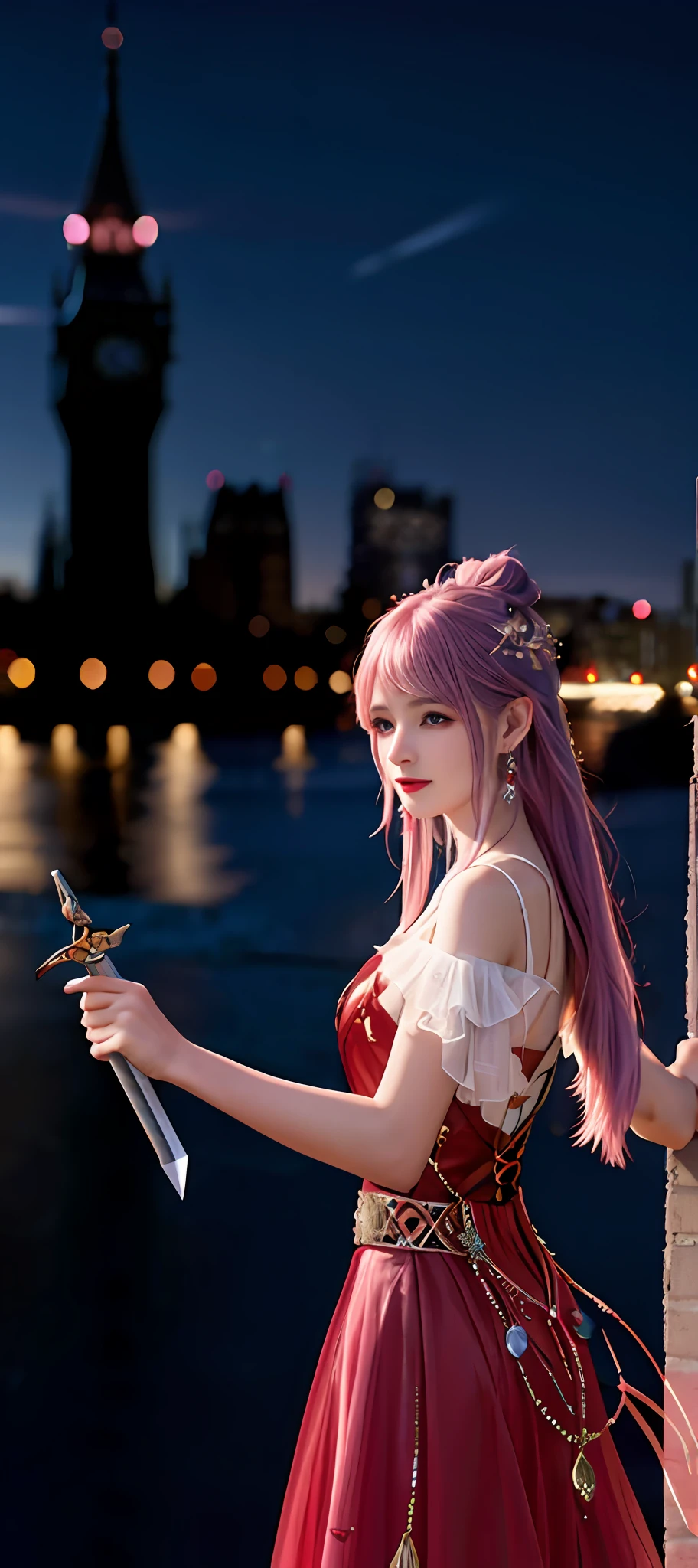 realisticity: 1.2), best quality, masterpiece, highres, cg, 1girl, weapon, sword, long hair, dress, water, solo, jewelry, red dress, earrings, hair ornament, splashing, upper body super realistis, hair bun, blue and pink hair, city backgraun realistis, lighting,candid, Photograph, high resolution, 8k, 10k, Bokeh,