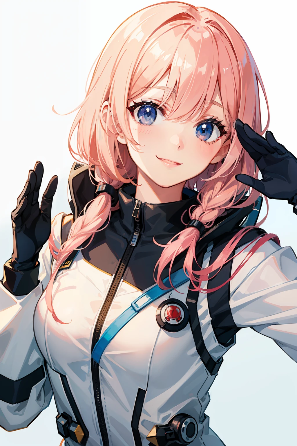 High quality, pretty girl, smiling face, Japanese animation, future space suit, salute, upper body,