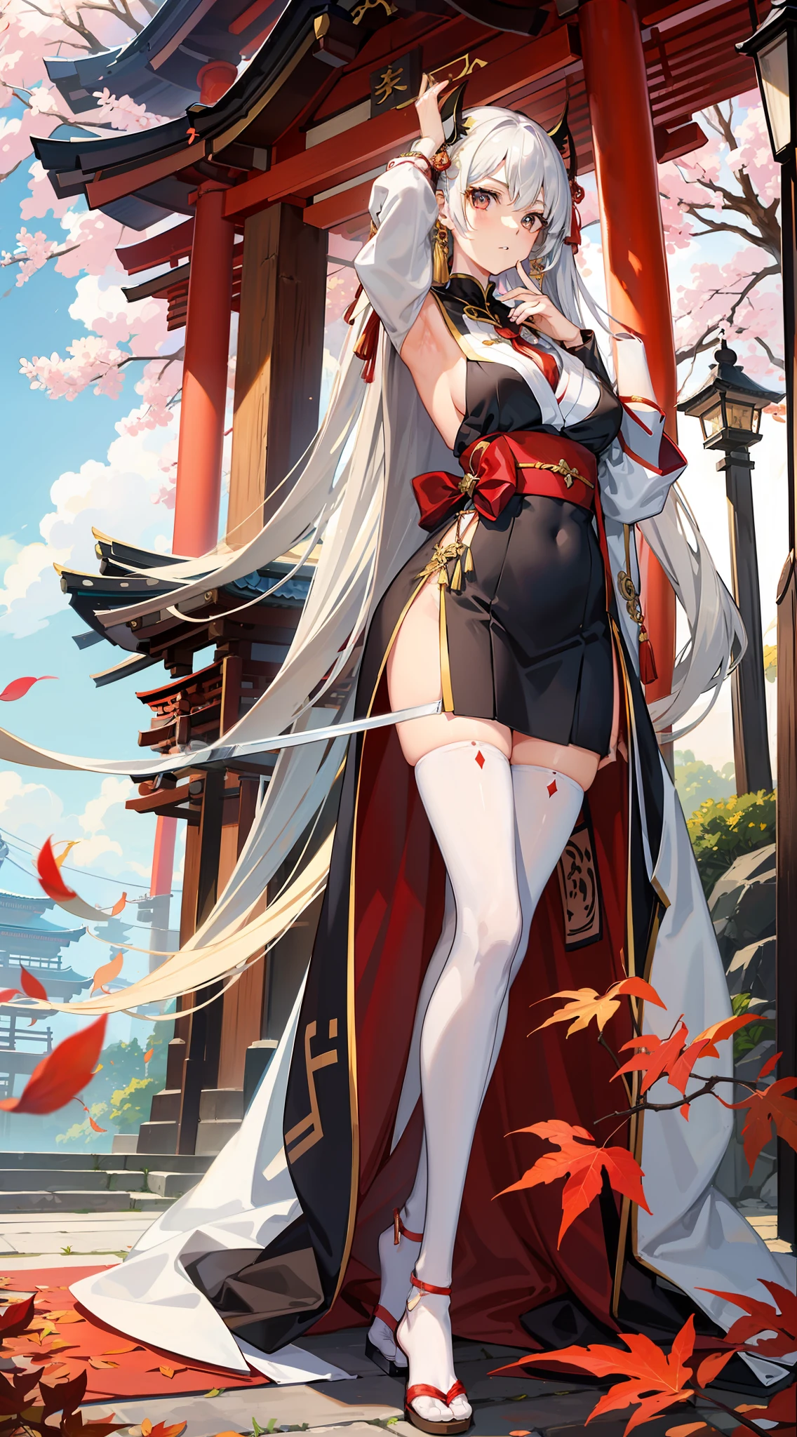 Graceful legs、long thin legs、thighhighs and skirt、long legged、Very beautiful slim legs、Very beautiful long slim legs、Walking、nice leg、good hips and long legs、Beautiful legs、cleavage of the breast、Colossal tits、 Gentle face、（Girl with a long Japan sword:1.2）Silvery hair、（（Shrine of Japan、Colored leaves、torii gate:1.2））One sword、Angle from above、Zoom to face