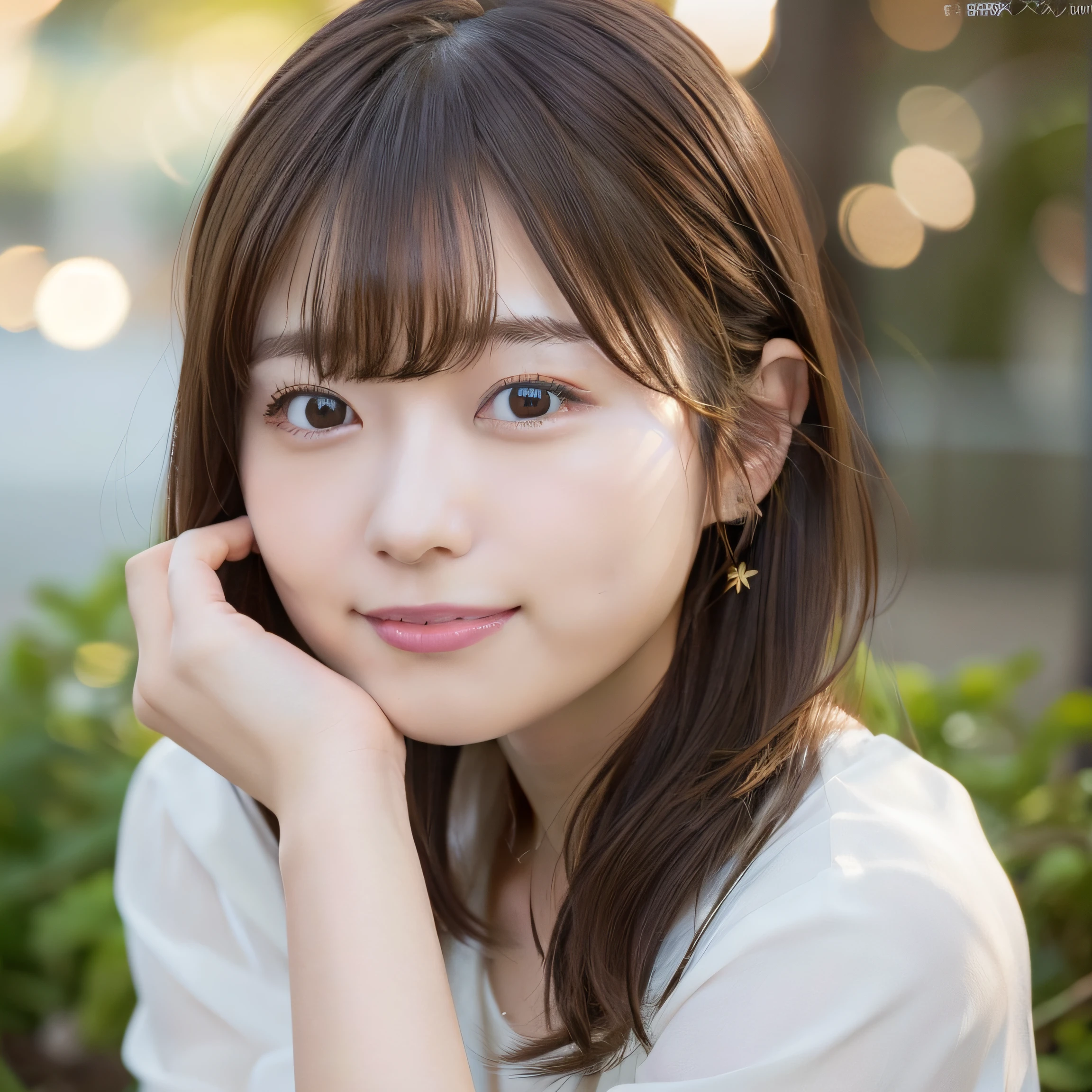 8k RAW photo,Best Quality, top-quality:1.1, masterpiece:1.3,超A high resolution, (Photorealistic:1.4), Raw photo, (upper thigh:1.3, From Side:1.1), natural skin textures:1.1, realistic eyes and face details:1.1, Full lips,(Bokeh:1.4), (in a suite), 1日本人の女の子, Cute, (Solo:1.6), (Shy smile), (Dark brown eyes), Smooth skin, (Brown medium hair,Bangs), (touch hair:1.4),nogizaka,a park,suits、full bodyesbian、:1.3、Officelady:1.2
