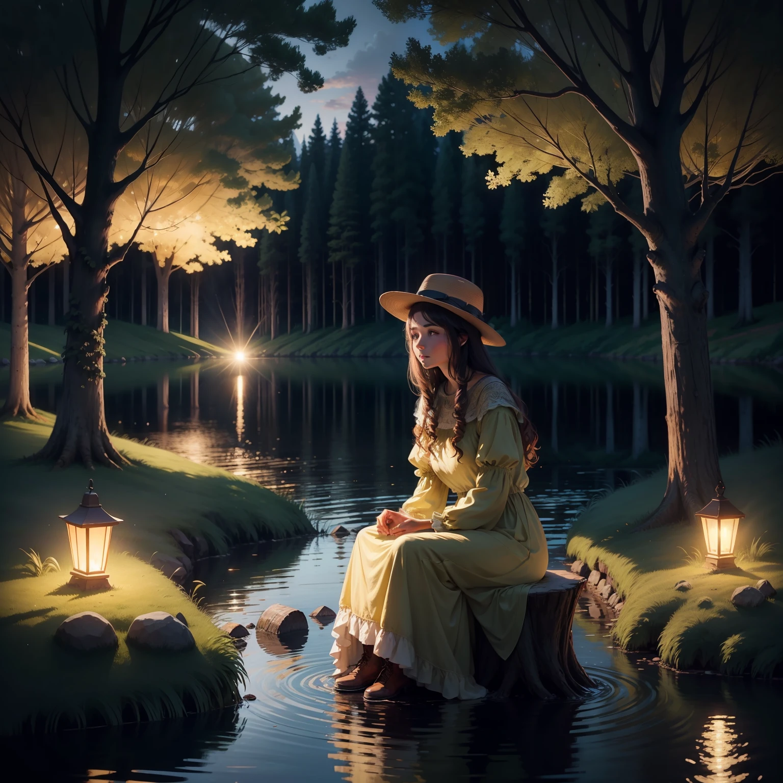 Beautiful landscape with solar lights dense trees peasant glow woman under tree on lake