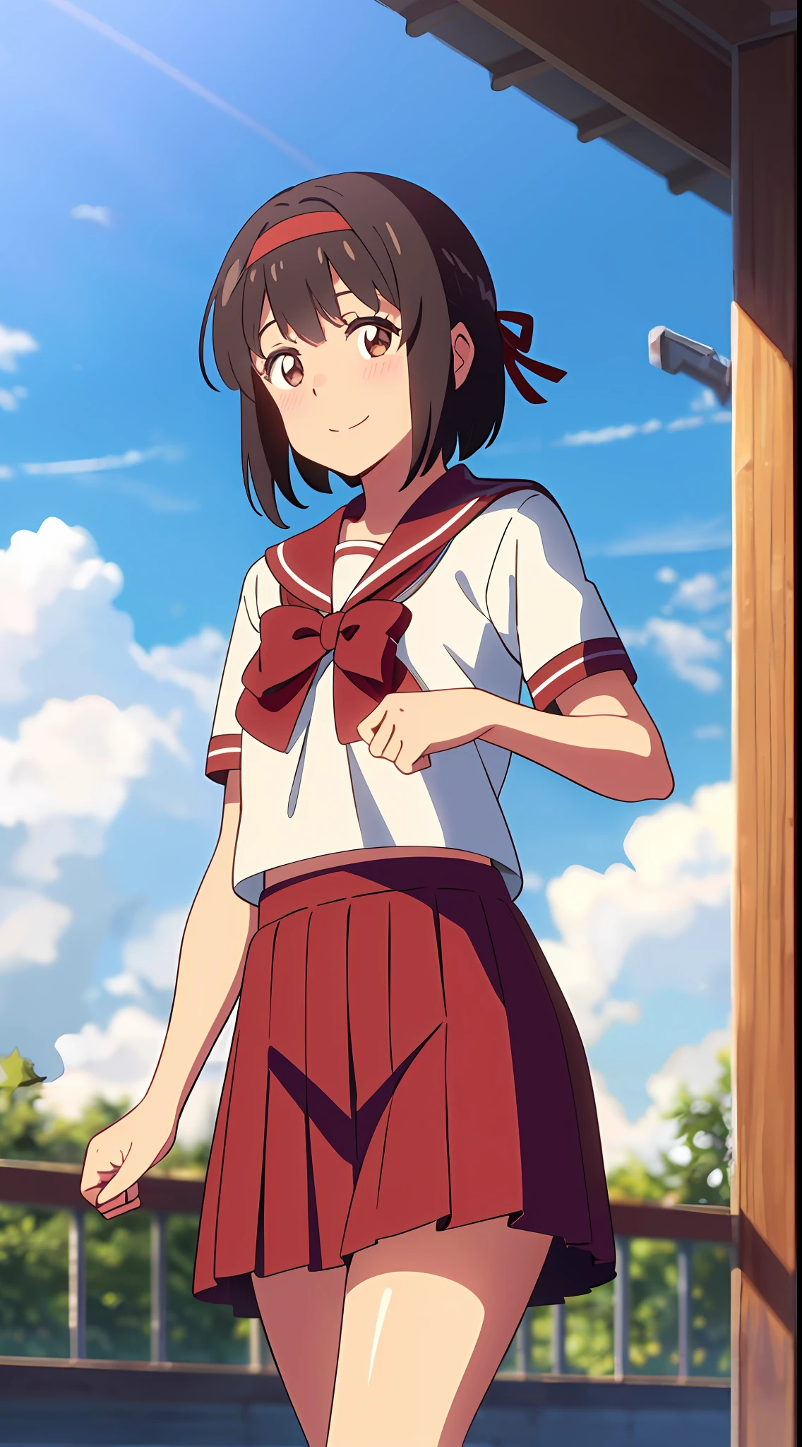 shinkai makoto, kimi no na wa., 1girl, bangs, black hair, blush, brown eyes, sky, cloud, sailor collar, red sailor collar, sailor color, red sailor color, serafuku, looking at the viewer, outdoors, headband, red headband, ribbon, red ribbon, bow, red bow, school uniform, short hair, smile, solo, shirt, white shirt, skirt, red skirt, pleated skirt, short sleeves