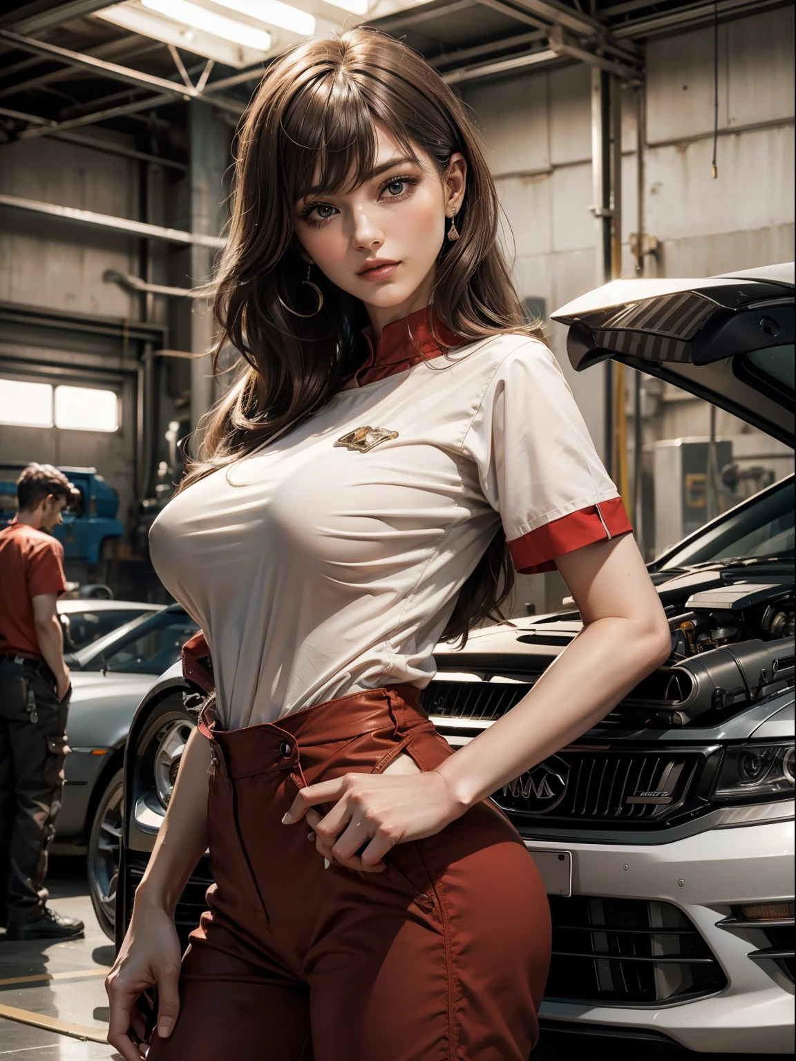 masuter piece, best qualtiy, ((realisitic)), ((1 person)), 8K picture quality, extremely delicate and beautiful, magnifica, Official art with attention to detail, Ridiculous, unbelievable Ridiculous, huge filesize, ultra-detailliert, ighly detailed, (Beautuful Women), (detailed woman), brown-haired, ((Perfect female figure)), large full , Slim waist, ((I am an auto mechanic)), ((Italian Red Short Sleeve Mechanic Suit)), With bangs, Feminine look, (ssmile), Car repair shop