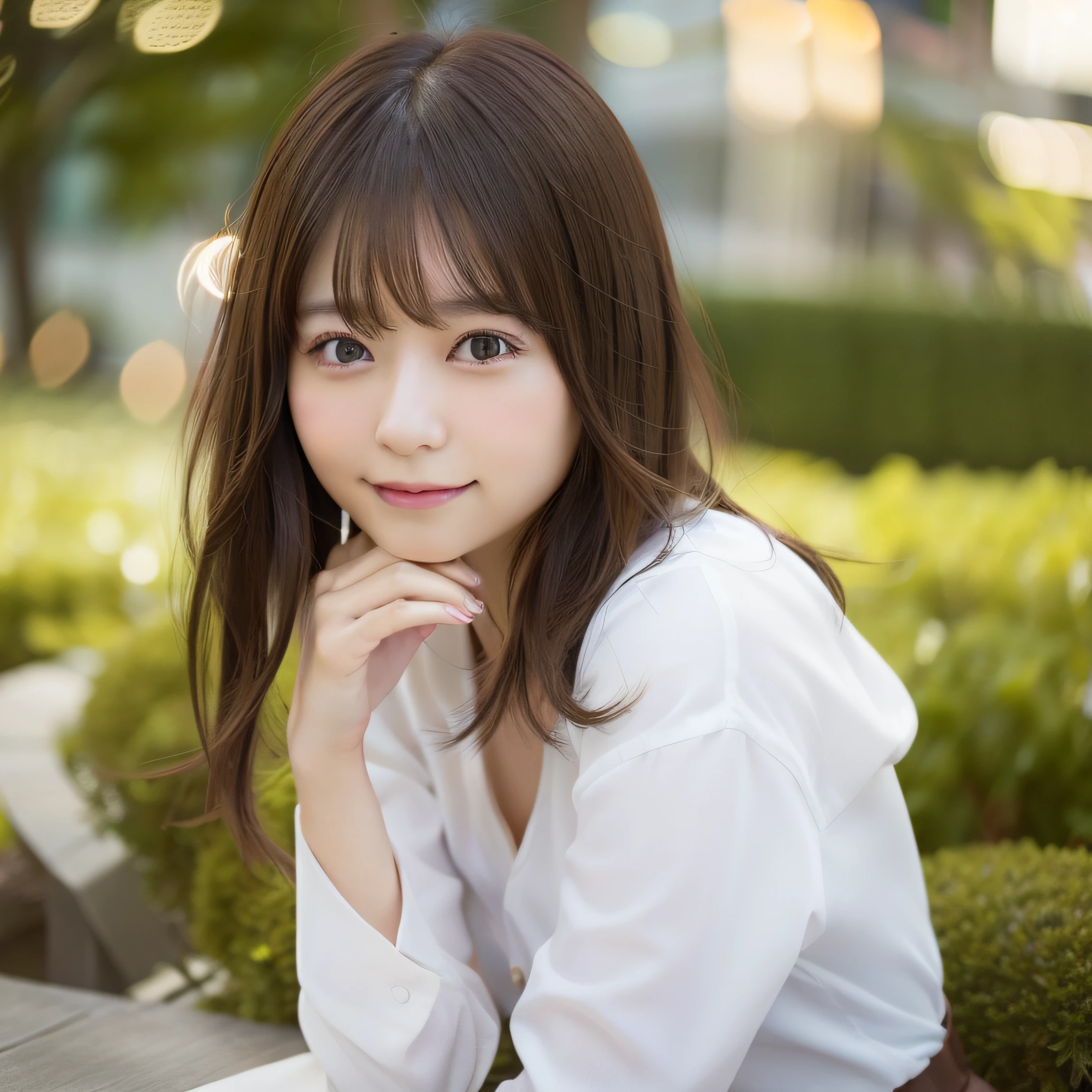8k RAW photo,Best Quality, top-quality:1.1, masterpiece:1.3,超A high resolution, (Photorealistic:1.4), Raw photo, (upper thigh:1.5, From Side), natural skin textures:1.1, realistic eyes and face details:1.1, Full lips,(Bokeh:1.4), (in a suite), 1日本人の女の子, Cute, (Solo:1.6), (Shy smile), (Dark brown eyes), Smooth skin, (Brown medium hair,Bangs), (touch hair:1.4),nogizaka,a park,suits、full bodyesbian、:1.4、Officelady:1.2