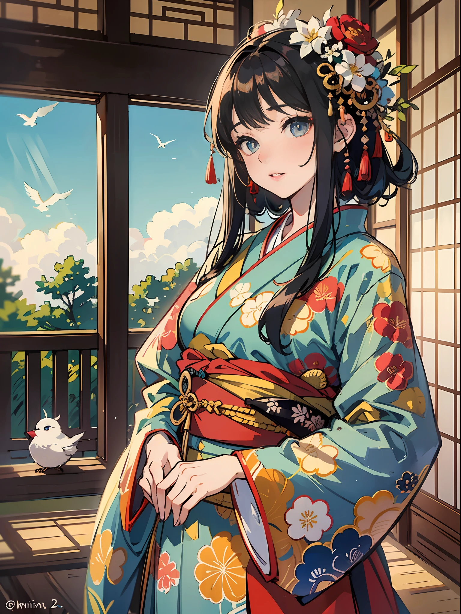 Master Pieces,hyper quality, Hyper Detailed,Perfect drawing,独奏、Beauty in the world、Komono、Japanese dress、Black-haired、Japanese hair、Colorful Japan kimono、Nishijin Ori、Delicate and smart eyes、Half-open lips、sidelong glance、Graceful、Gorgeous、Beautiful、red blush(0.2)、Dazzling、Stunning、Gorgeous、Gentle、Shunguang、natural soft light、Flowers and Birds Fugetsu、traditional Japanese room、Accurate drawing、Detailed drawing、