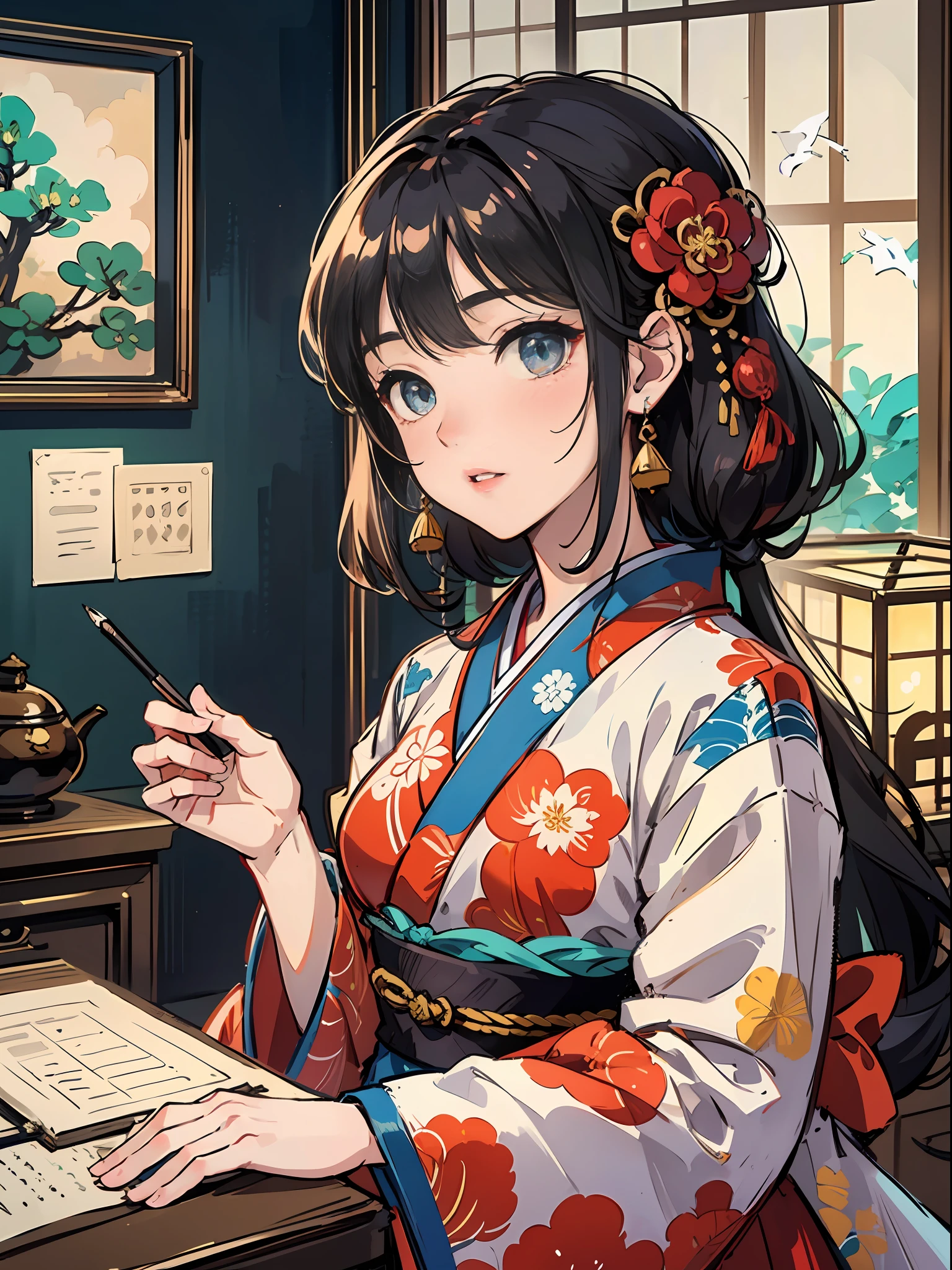 Master Pieces,hyper quality, Hyper Detailed,Perfect drawing,独奏、Beauty in the world、Komono、Japanese dress、Black-haired、Japanese hair、Colorful Japan kimono、Nishijin Ori、Delicate and smart eyes、Half-open lips、sidelong glance、Graceful、Gorgeous、Beautiful、red blush(0.2)、Dazzling、Stunning、Gorgeous、Gentle、Shunguang、natural soft light、Flowers and Birds Fugetsu、traditional Japanese room、Accurate drawing、Detailed drawing、