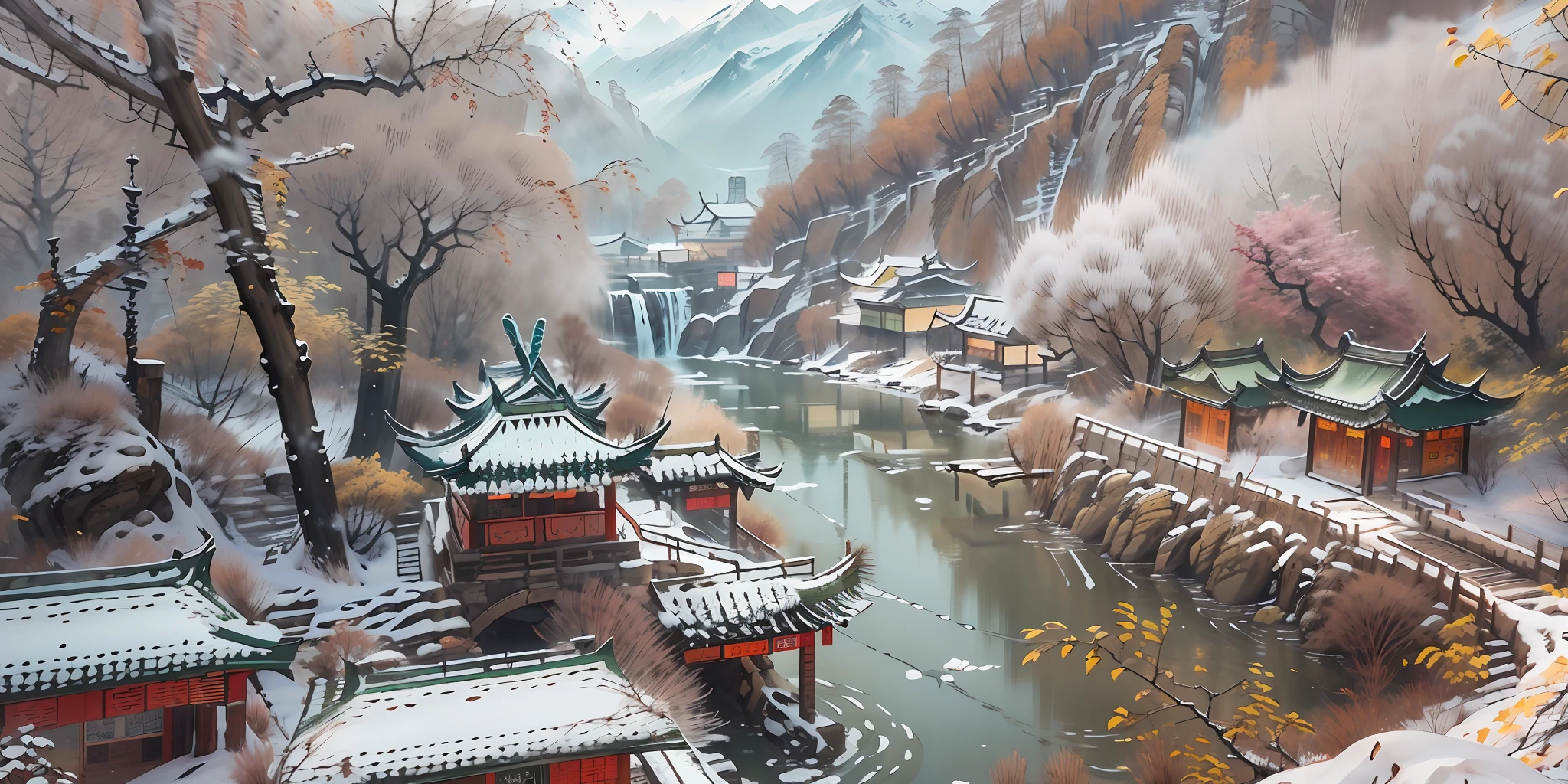 （super wide shot），（Best Masterpiece），8K，An ancient Chinese town nestled in the hills of the mountains，Densely wooded，The leaves are verdant，The stream is babbling，The visuals are beautiful and beautiful，full of sunlight，Winter view，Covered with snow，