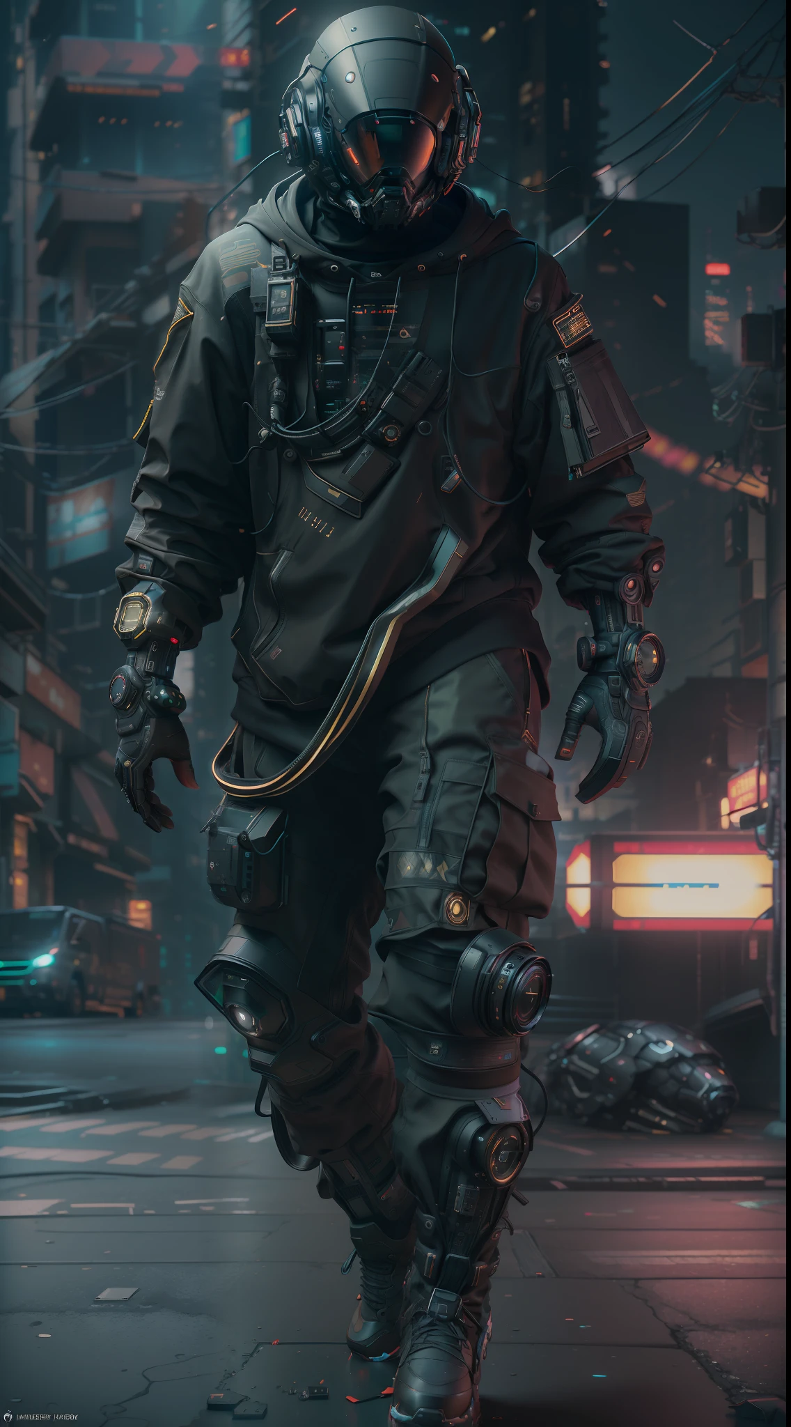 (masterpiece, full body shot, intricate raw photography) Cyberpunk citizen, comfortable oversize black hoodie, black cargo pants, black clothes, dark, wearing a black helmet hitech style Astronaut, intricate, futuristic, advanced technology, dark environment, dramatic, light and shadow, cinematic, action movie, sharpness, random relaxed position, Cyberpunk City, street lights, dark street, night, Insta photo, photo of the year, octane render, substance, Maya 3D, cinema4D, ArtStation Trending, Devian Art Trend,