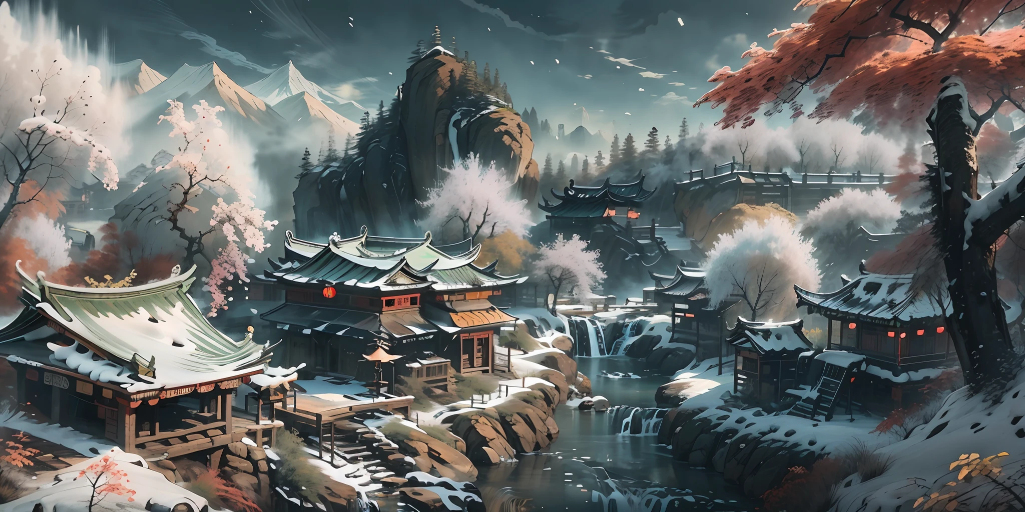 (super wide shot),(Best Masterpiece),8K,An ancient Chinese town nestled in the hills of the mountains,Densely wooded,The leaves are verdant,The stream is babbling,The visuals are beautiful and beautiful,full of sunlight,Winter view,Covered with snow,