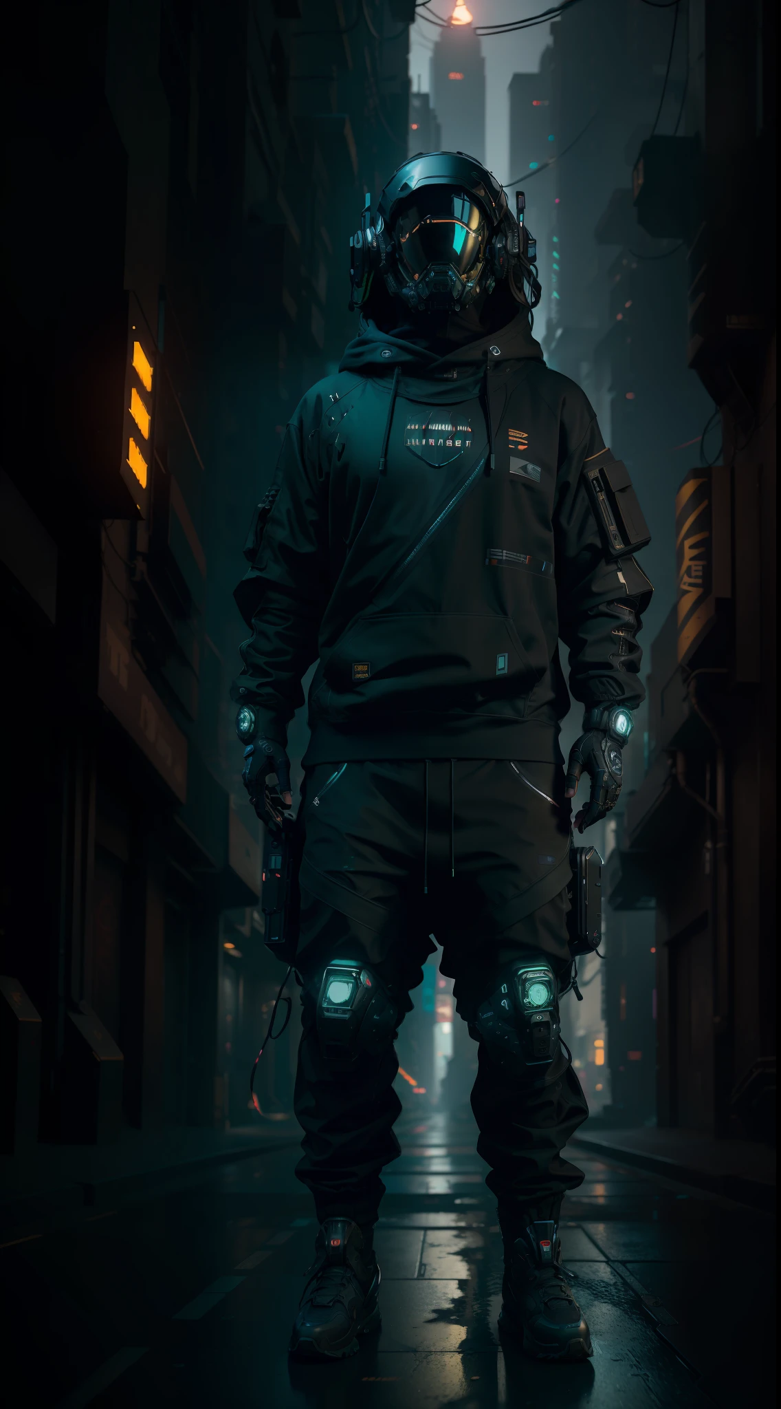 (masterpiece, full body shot, intricate raw photography) Cyberpunk citizen, comfortable oversize black hoodie, black cargo pants, black clothes, dark, wearing a black helmet hitech style Astronaut, intricate, futuristic, advanced technology, dark environment, dramatic, light and shadow, cinematic, action movie, sharpness, random relaxed position, Cyberpunk City, street lights, dark street, night, Insta photo, photo of the year, octane render, substance, Maya 3D,  cinema4D, ArtStation Trending, Devian Art Trend,