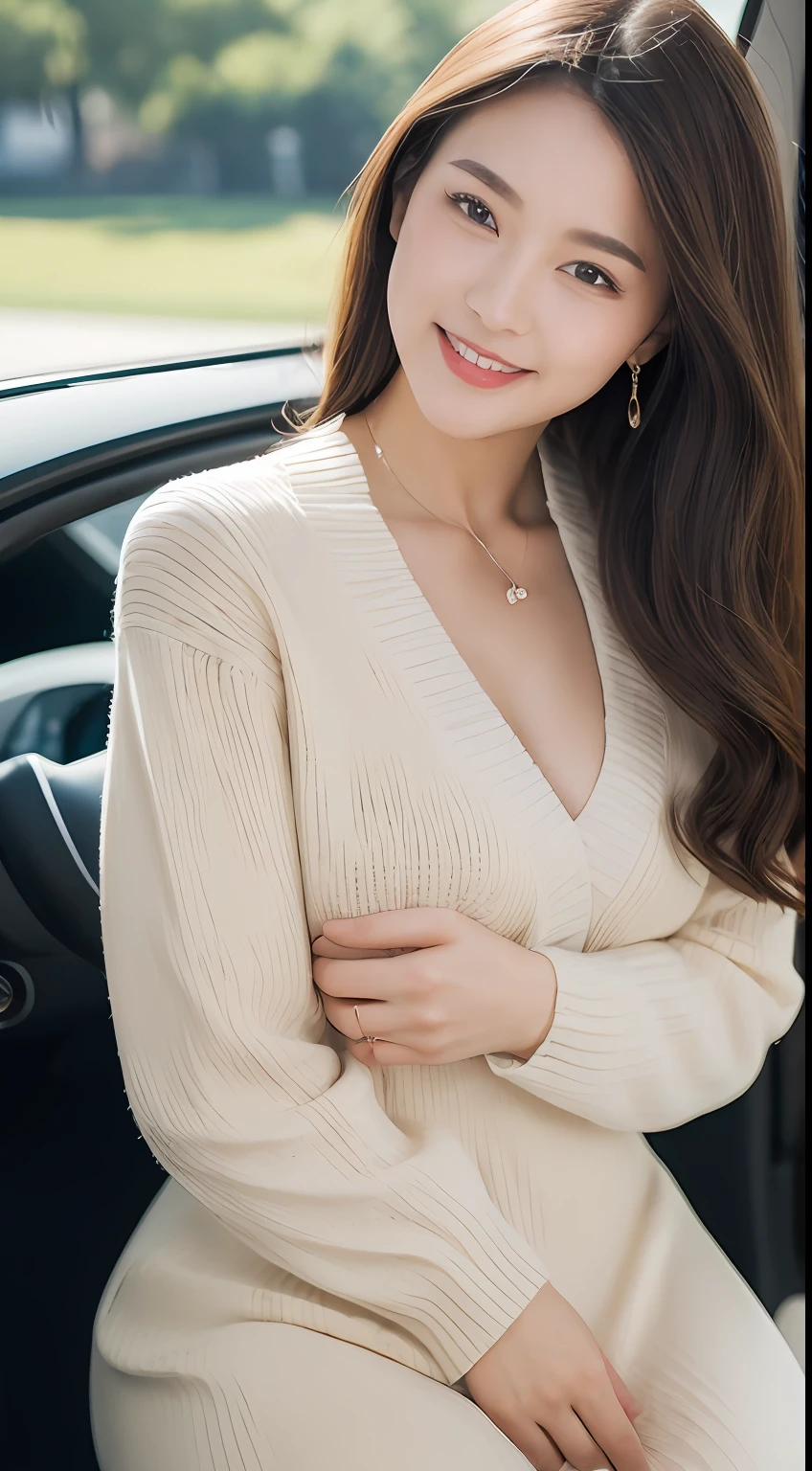 ((Best Quality, 8k, Masterpiece:1.3)), Focus:1.2, Perfect Body Beauty:1.4, Buttocks:1.2, ((Delicate Hair)), (Sweater Dress:1.1) , (Sports car, street: 1.2), Highly detailed face and skin texture, Detailed eyes, Double eyelids, whitening skin, Big breasts, smile, wearing necklaces, rings, people sitting in cars with their buttocks up,