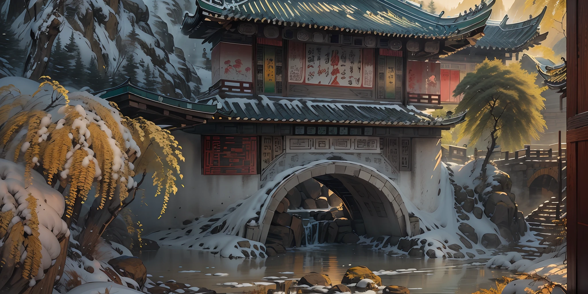 (super wide shot),(Best Masterpiece),8K,An ancient Chinese town nestled in the hills of the mountains,Densely wooded,The leaves are verdant,The stream is babbling,The visuals are beautiful and beautiful,full of sunlight,Winter view,Covered with snow,