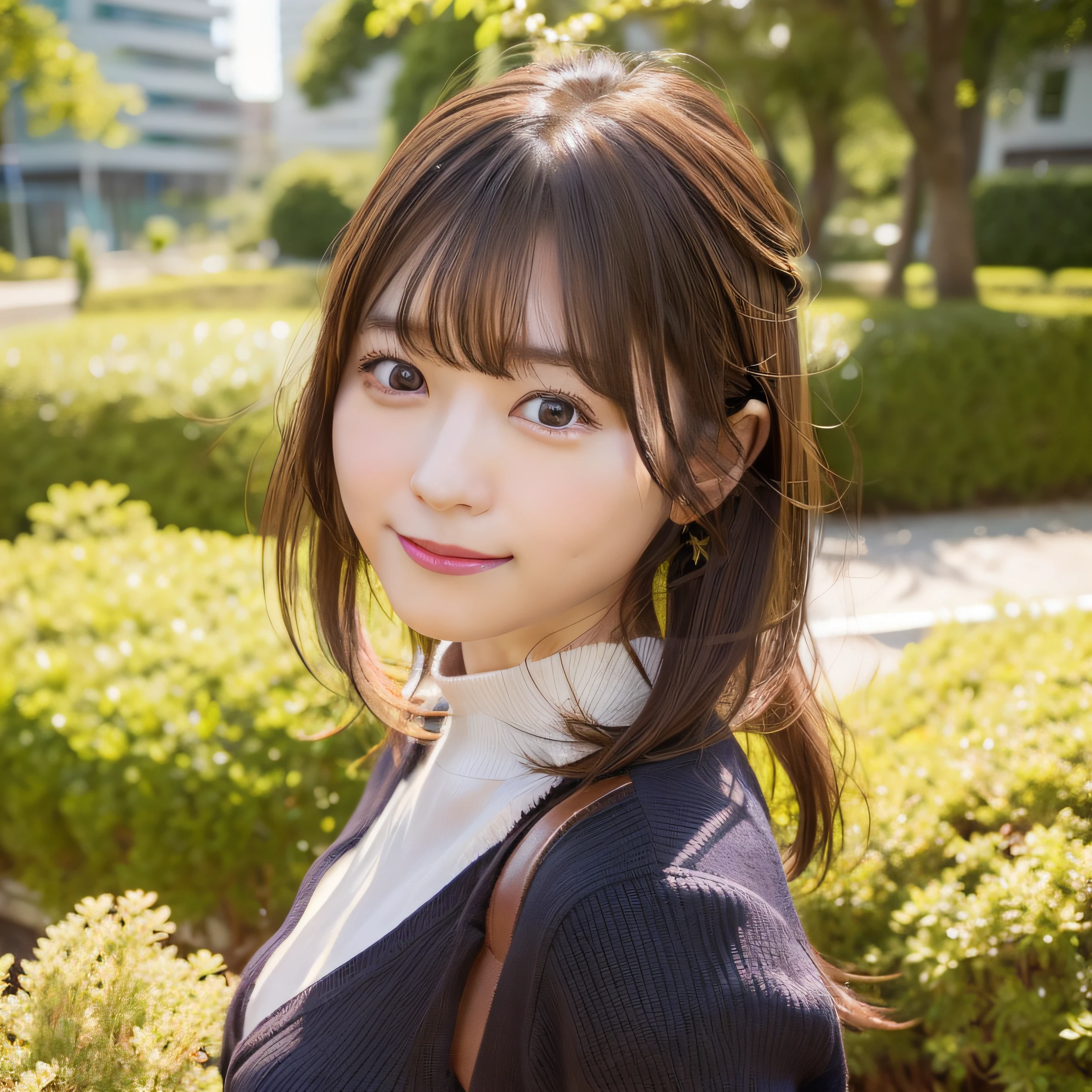 8k RAW photo,Best Quality, top-quality:1.1, masterpiece:1.3,超A high resolution, (Photorealistic:1.4), Raw photo, (upper thigh:1.5, From Side), natural skin textures:1.1, realistic eyes and face details:1.1, Full lips,(Bokeh:1.4), (in a suite), 1日本人の女の子, Cute, (Solo:1.6), (Shy smile), (Dark brown eyes), Smooth skin, (Brown medium hair,Bangs), (touch hair:1.4),nogizaka,a park,suits、full bodyesbian、:1.4、Officelady:1.2