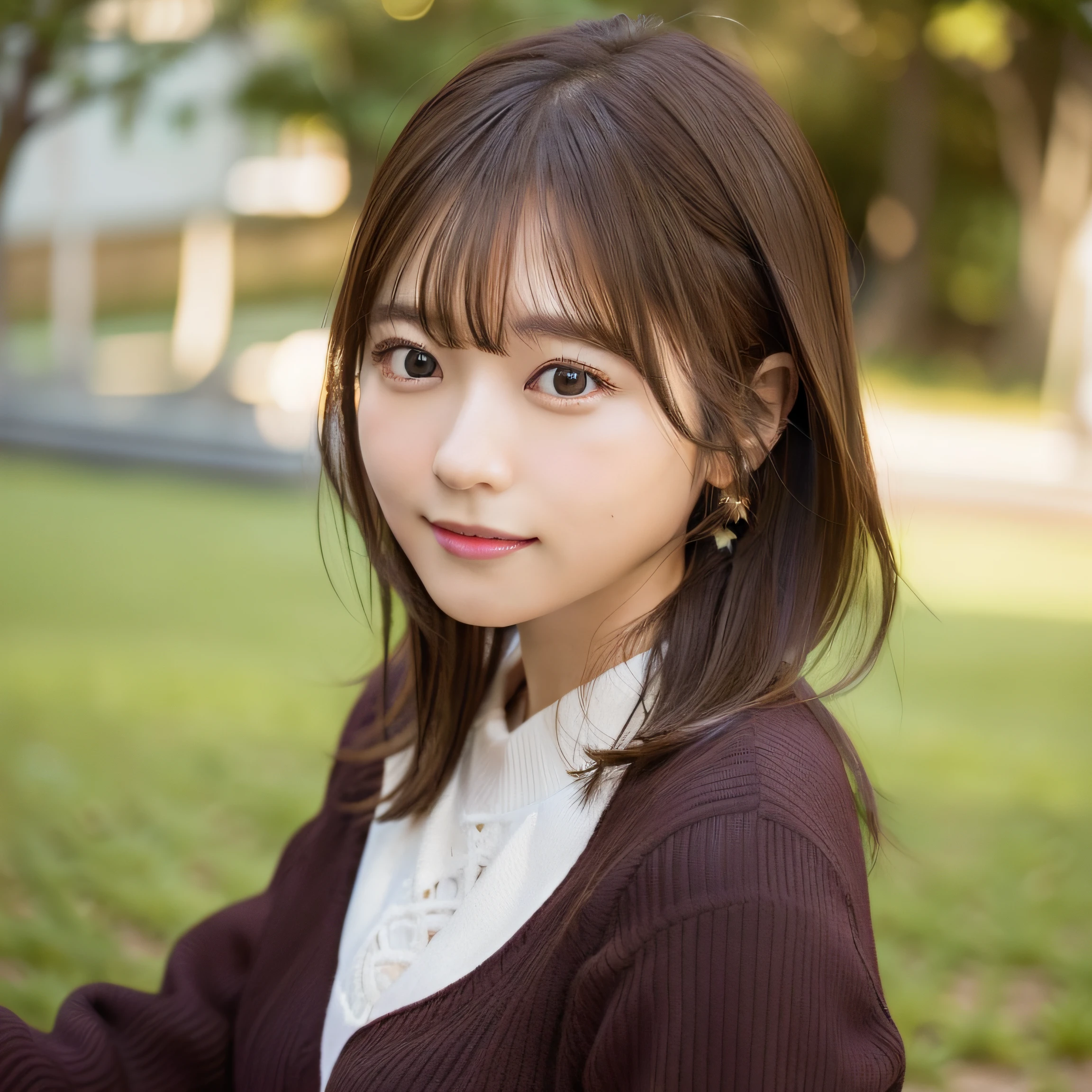 8k RAW photo,Best Quality, top-quality:1.1, masterpiece:1.3,超A high resolution, (Photorealistic:1.4), Raw photo, (upper thigh:1.5, From Side), natural skin textures:1.1, realistic eyes and face details:1.1, Full lips,(Bokeh:1.4), (in a suite), 1日本人の女の子, Cute, (Solo:1.6), (Shy smile), (Dark brown eyes), Smooth skin, (Brown medium hair,Bangs), (touch hair:1.4),nogizaka,a park,suits、full bodyesbian、:1.4、Officelady:1.2