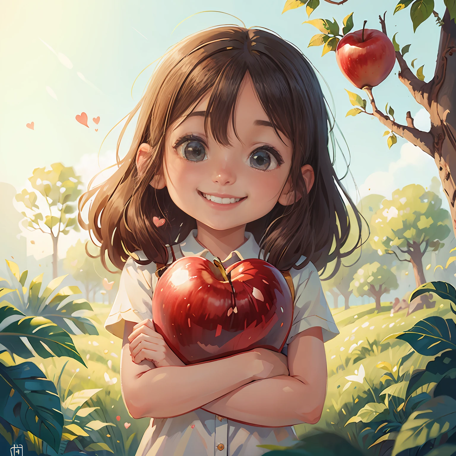 The girl smiled and hugged her heart, There are lush apple trees in the back,Beautiful blue sky and warm sunshine in the background.