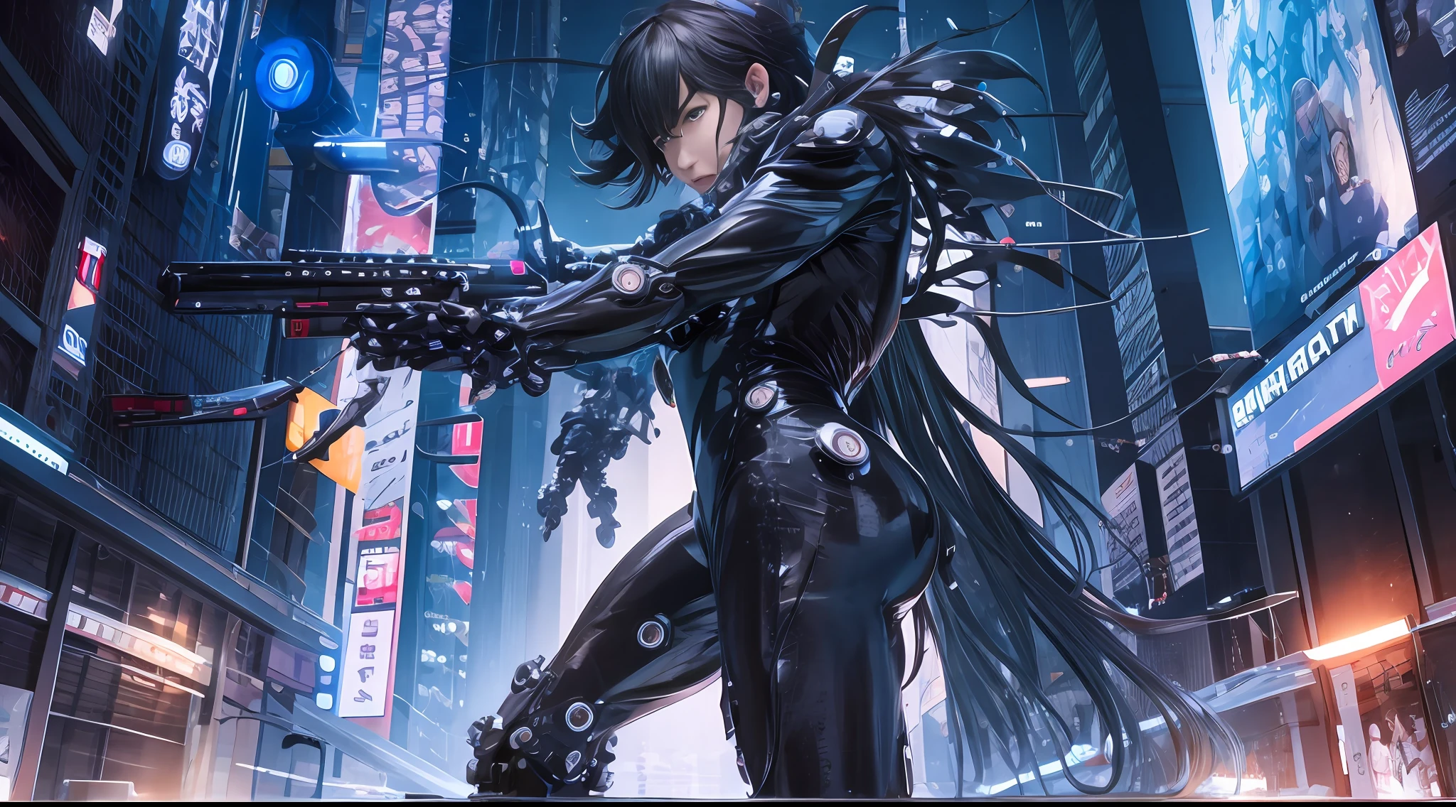 （Ultra-clear image quality）(Man in Black mech), photography of：Shinsuke Sato, (The limiter flashes blue), ((The City of the Killing:0, Black latex clothing, gantz:0)), Night City Battle background, The fire burst into the sky, Sparks fly, cyberpunk glossy latex suit, gantz, cyberpunk anime, futuristic glossy latex suit, styled like ghost in the shell, diverse cybersuits, movie poster character, an oppai cyberpunk, cyber suit, cyber suit, (tmasterpiece), Ultra-Wide Angle, UHD, retina, anatomically correct, textured skin, ccurate, highres, 16k, award winning