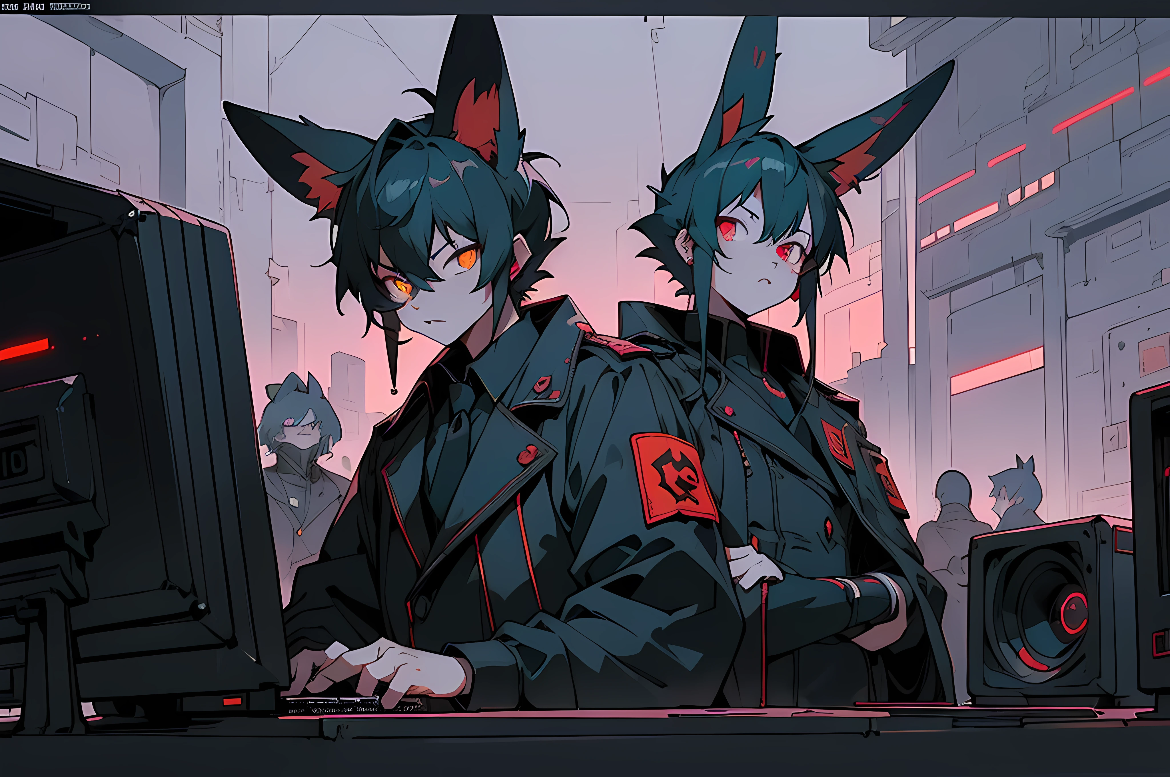 (((cyberpunk bleak bleak bleak dark black black black bleak gray))), vampire hunter d, (vintage vhs), (crt screenshot), (((dark scene))), (((dark cloudy scene))), (((angel's egg anime))), (((serial experiments lain anime))), (((dystopian basement scene))), (((unlit nighttime scene))), (((dark abandoned cyberpunk glowing screens lab house))), (((angry black anthro kemono furry rabbit kommisar gestapo officer fighter with uniform and tall bunny ears exploring old computer screens))), (((cyberpunk dystopian headquarters filled with glowing computer monitors and red screens))), anime black rabbit gestapo with futuristic hair and piercing glowing eyes and tall bunny ears commander, anime art, anime aesthetic, (((old electronics in background cel art))), kemono anime rabbit man, wearing cybernetic bunny ears, angry male fighter --v6