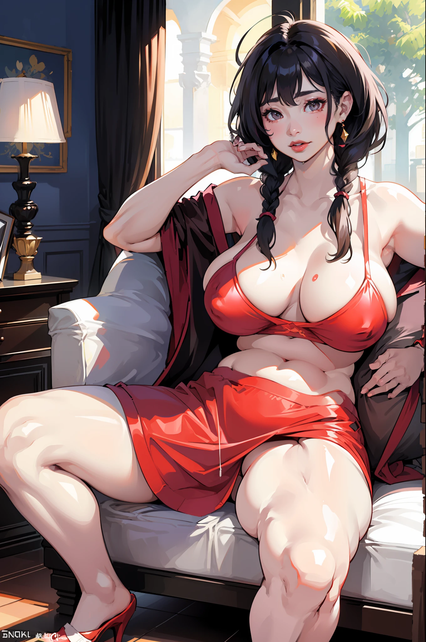 Hot mom,独奏,(:1.3),thick thight,upper legs,Wide buttock,dent in the skin,Double tail,curlies,ssmile,cheerfulness,(Red latex apron:1.2),cparted lips,plumw,,Obscenity,exposed midriff,protruding areolas,gigantic cleavage breasts,4K,realistic humid skin,Armpits,Large curved hips,a variety of poses,Stick out a very long tongue,Fleshy figure,with perfect legs,Hypertrophic,protruding areolas,,Bronzed skin,detailed lips,bubble butt,Dewy,mouth drool,Lick,Place your fingers between your legs,Hungry and thirsty housewives,erected,Wrinkles,Clean the room,Eyes look at the lens,A shy look,Blushing aunt,Two braids,Smooth skin,Very meticulous clothes,Intriguing set,extremly high detail,A detailed face