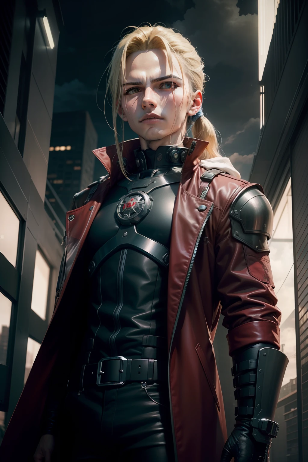 Edward Elric bem detalhado, Alquimista Fullmetal: Brotherhood com um visual futurista, Aura misteriosa, e uma postura confiante. The agent must have technological clothing and advanced weaponry, The background of the image should depict a futuristic city at night, with bright skyscrapers and a cybernetic atmosphere, bem detalhado, rosto detalhado sem erro, Masculino.