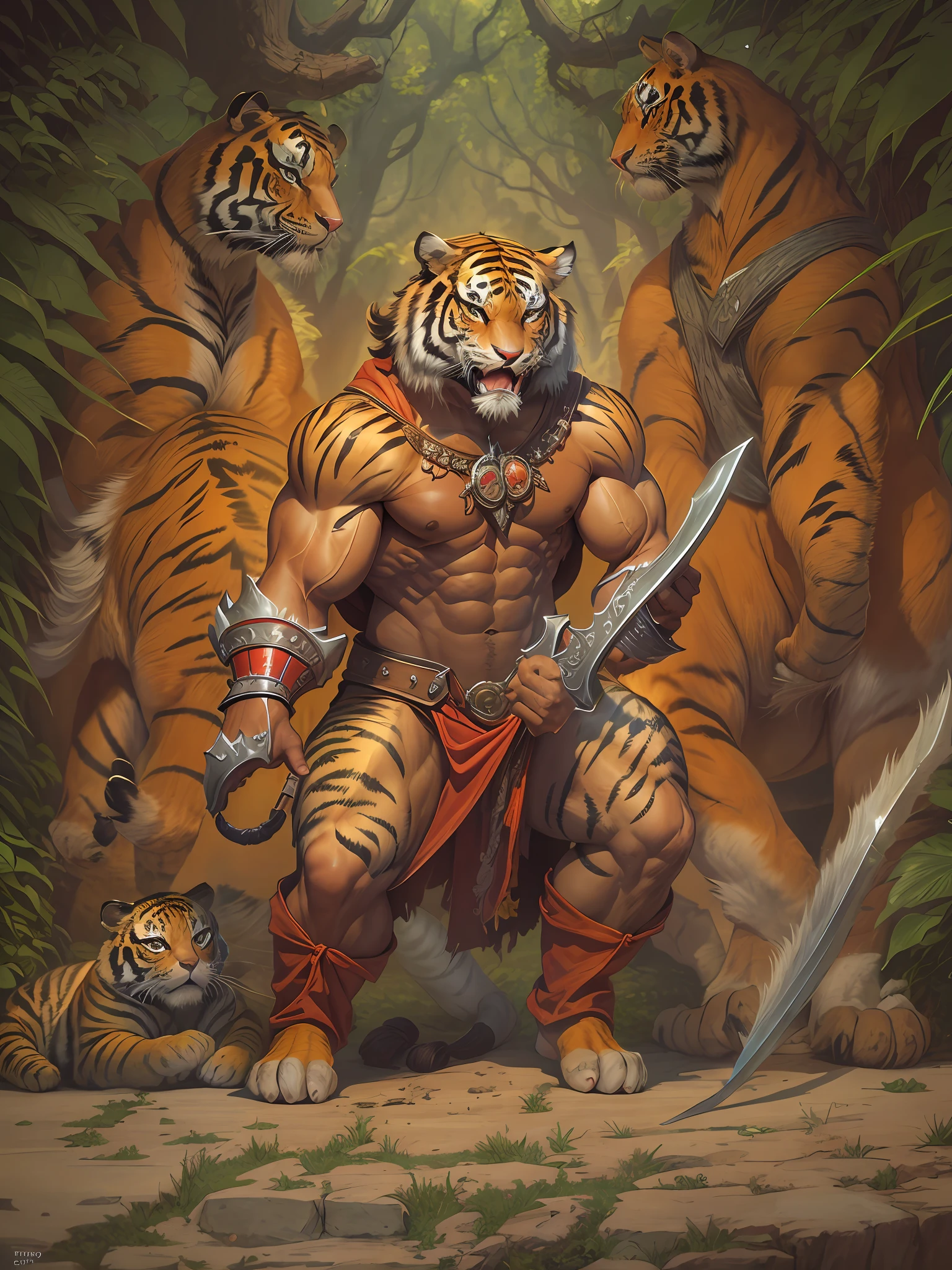 Animal Warrior, Gato Guerreiro, from He-Man, intricate, cinematic, fantastic, muscular tiger.
