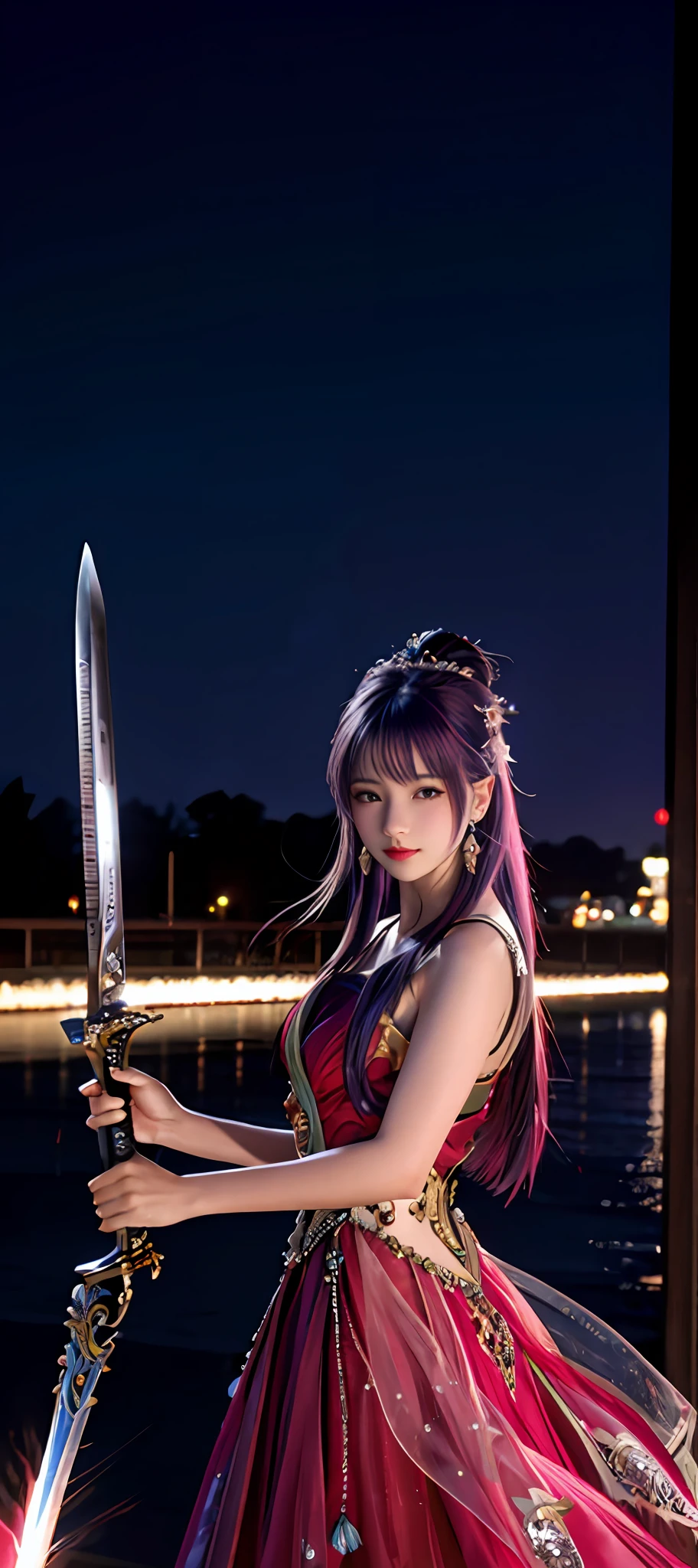 realisticity: 1.2), best quality, masterpiece, highres, cg, 1girl, weapon, sword, long hair, dress, water, solo, jewelry, red dress, earrings, hair ornament, splashing, upper body super realistis, hair bun, blue and pink hair, city backgraun realistis, lighting,candid, Photograph, high resolution, 8k, 10k, Bokeh,