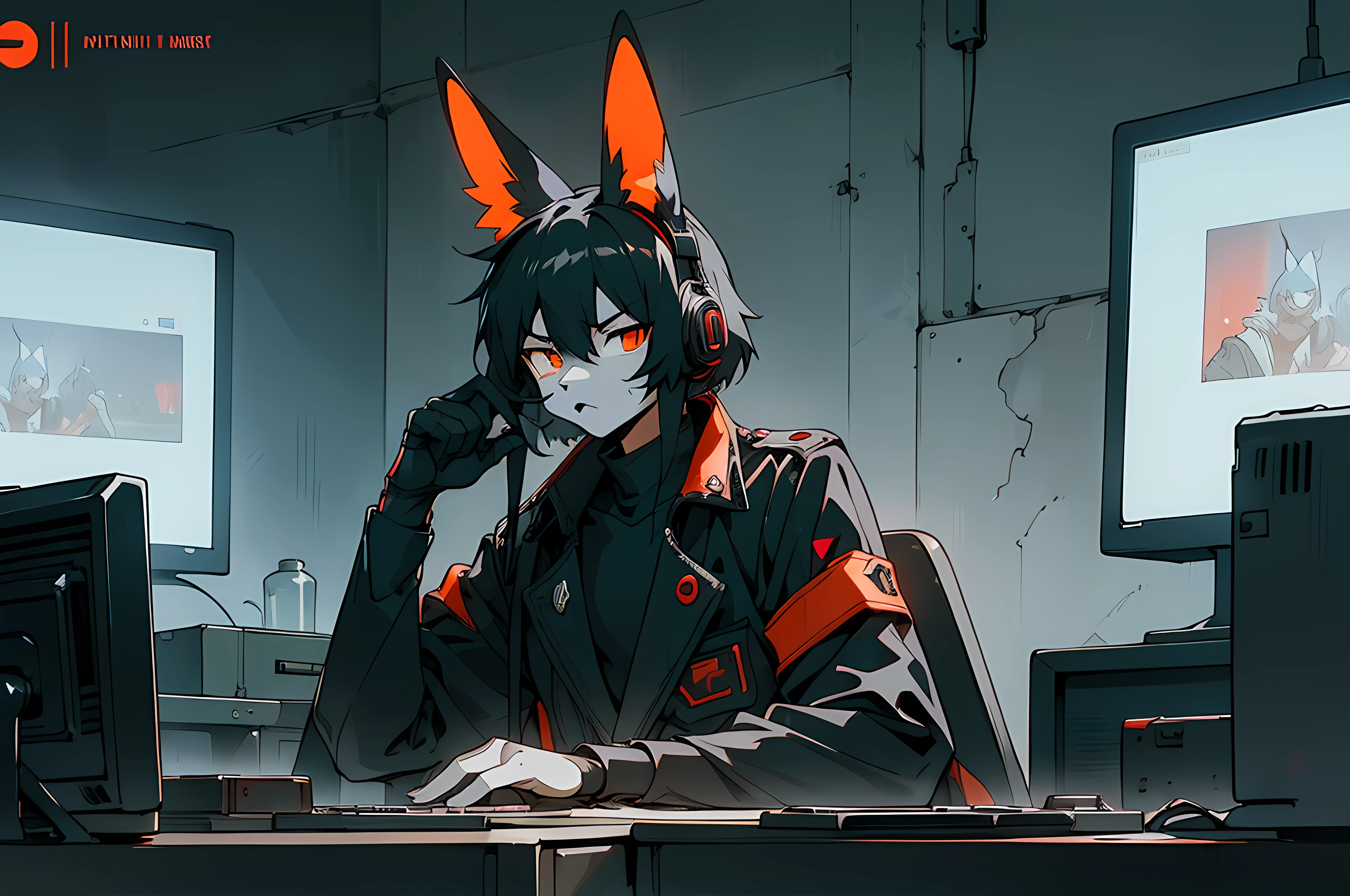 (((crowd of bunny officers))), (((cyberpunk bleak bleak bleak dark black black black bleak gray))), vampire hunter d, (vintage vhs), (crt screenshot), (((dark scene))), (((dark cloudy scene))), (((angel's egg anime))), (((serial experiments lain anime))), (((dystopian basement scene))), (((unlit nighttime scene))), (((dark abandoned cyberpunk glowing screens lab house))), (((angry black anthro kemono furry rabbit kommisar gestapo officer fighter with uniform and tall bunny ears exploring old computer screens))), (((cyberpunk dystopian headquarters filled with glowing computer monitors and red screens))), anime black rabbit gestapo with futuristic hair and piercing glowing eyes and tall bunny ears commander, anime art, anime aesthetic, (((old electronics in background cel art))), kemono anime rabbit man, wearing cybernetic bunny ears, angry male fighter --v6