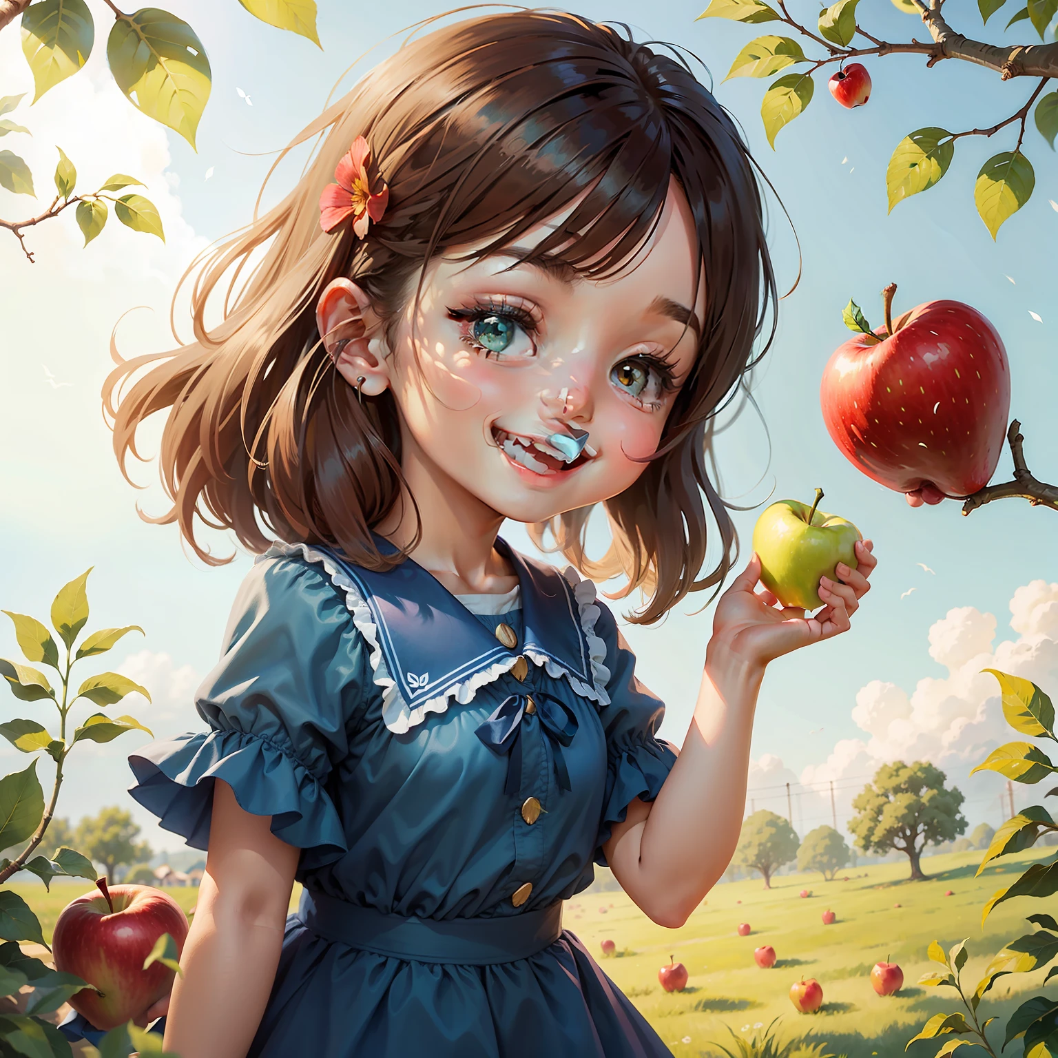girl very happy holding the heart, the apple tree at the behind with the beautiful blue sky and warm sunlight.