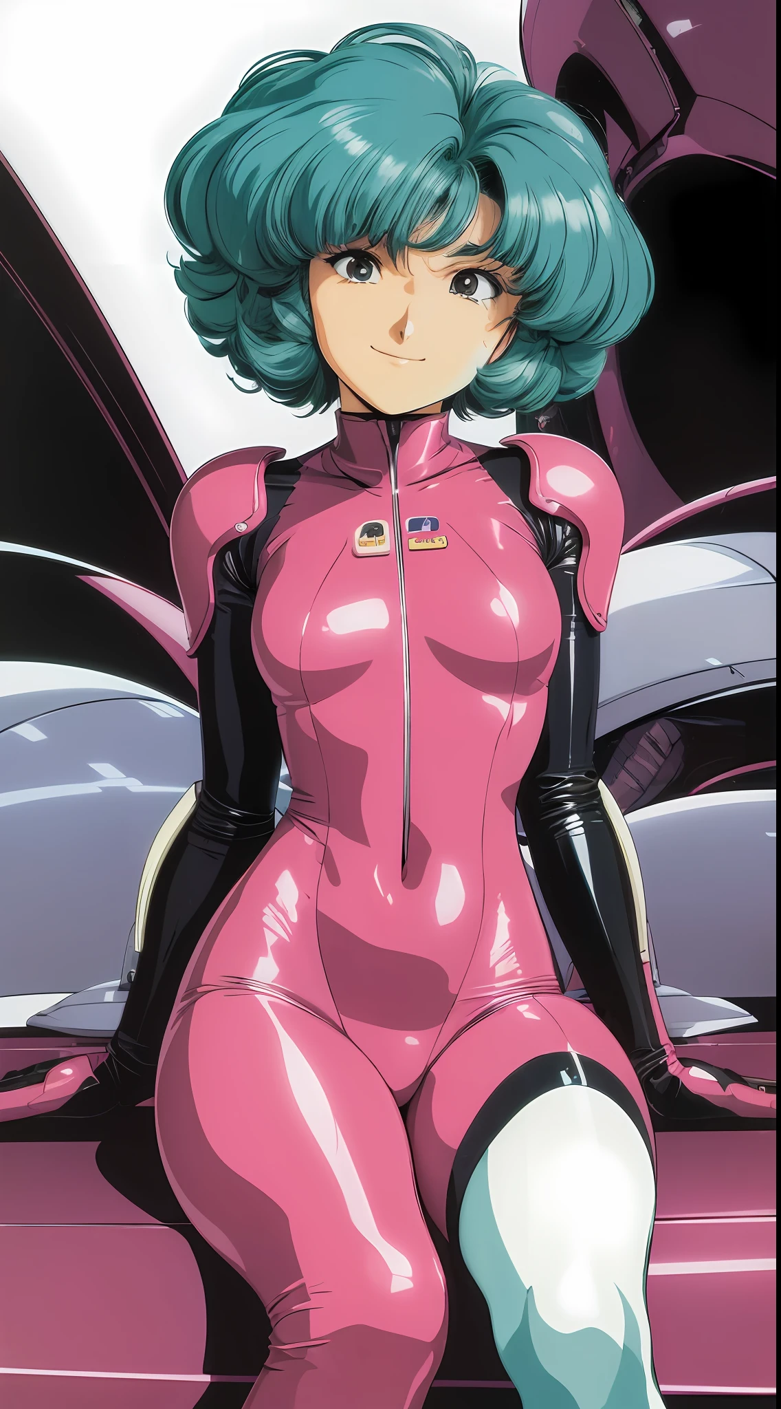 (urushisato:1.0),
smiling, 1980's and 1990's sexy k-pop idol in skinsuit, aqua eyes, pink (big hair:1.2), sitting inside mecha powered-armor, toshiba yamaha sony product designs, vintage electronics, neutral haze background, high detail, chrome