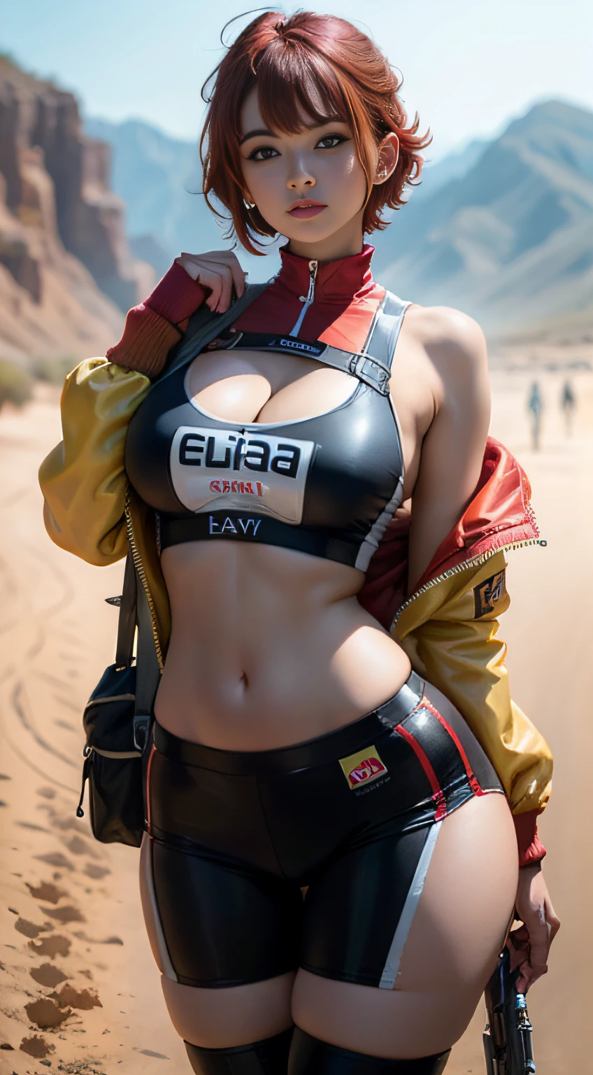 1个Giant Breast Girl,Super beautiful,Racing Wear,A desert,(Inspired by the Avengers),Red hair, short hair,Sling low-cut gel coat,Super short rubber pants,Machine girl,Safety rating,Bigchest,big assa,(8k,foto RAW,fotorrealista:1,25),(muito brilho labial,very many eyelashes,melhor qualidade,ultra high-resolution,profundidade de campo,chromatic aberration,luz ampla,cor natural,Distant pictures(1:2),Turn your head to look at the camera,1 Helmet in hand,1 hand with a pistol,disaster,Doomsday Scenes,Remains Cliff