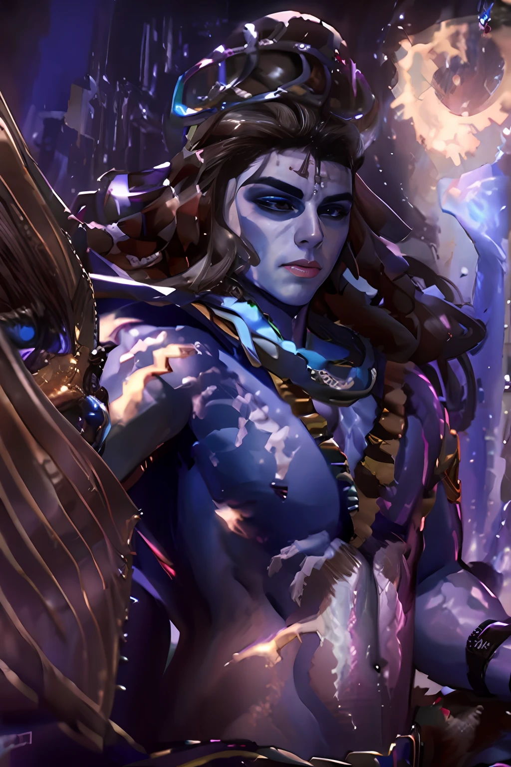 "(highly detailed:1.3) male character with purple skin, muscular physique, and glowing eyes, showcasing detailed facial features and eyes:1.3."