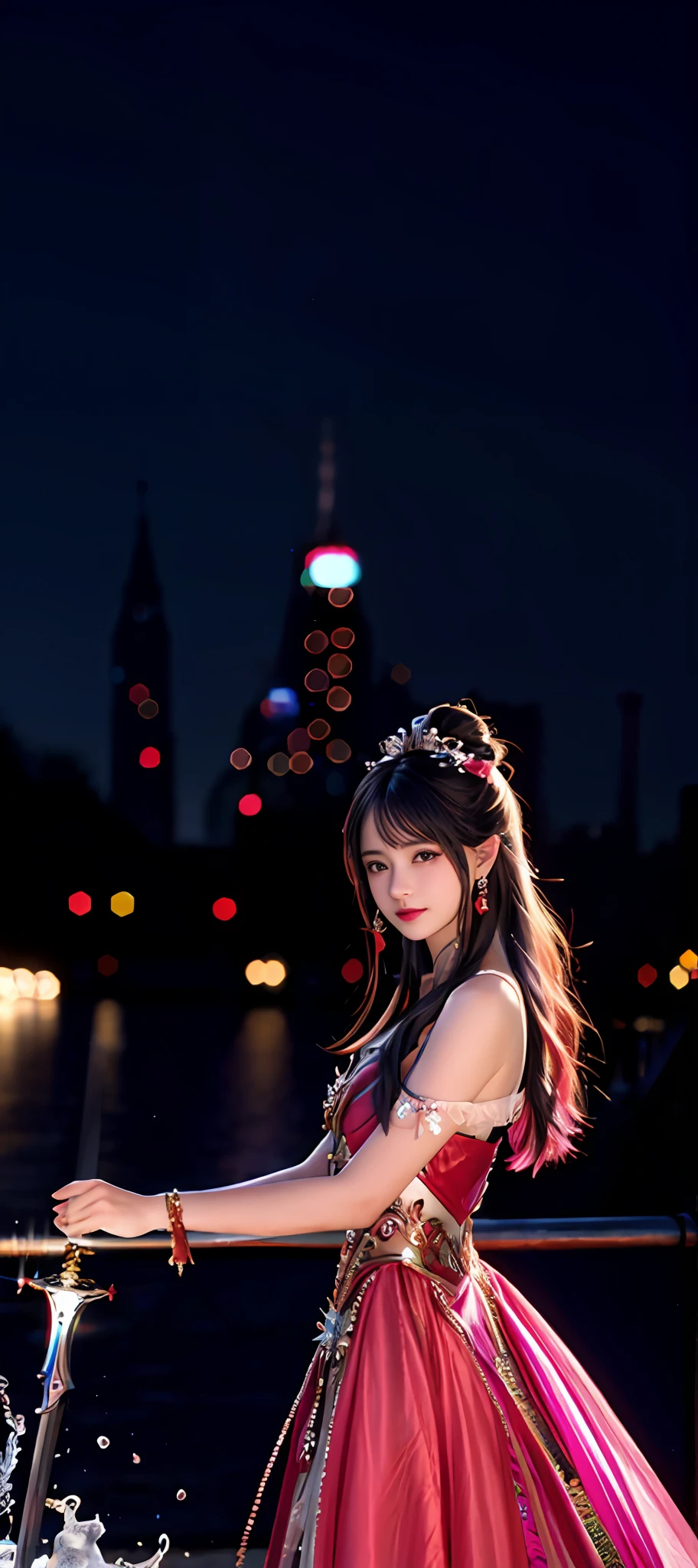 realisticity: 1.2), best quality, masterpiece, highres, cg, 1girl, weapon, sword, long hair, dress, water, solo, jewelry, red dress, earrings, hair ornament, splashing, upper body super realistis, hair bun, blue and pink hair, city backgraun realistis, lighting,candid, Photograph, high resolution, 8k, 10k, Bokeh,