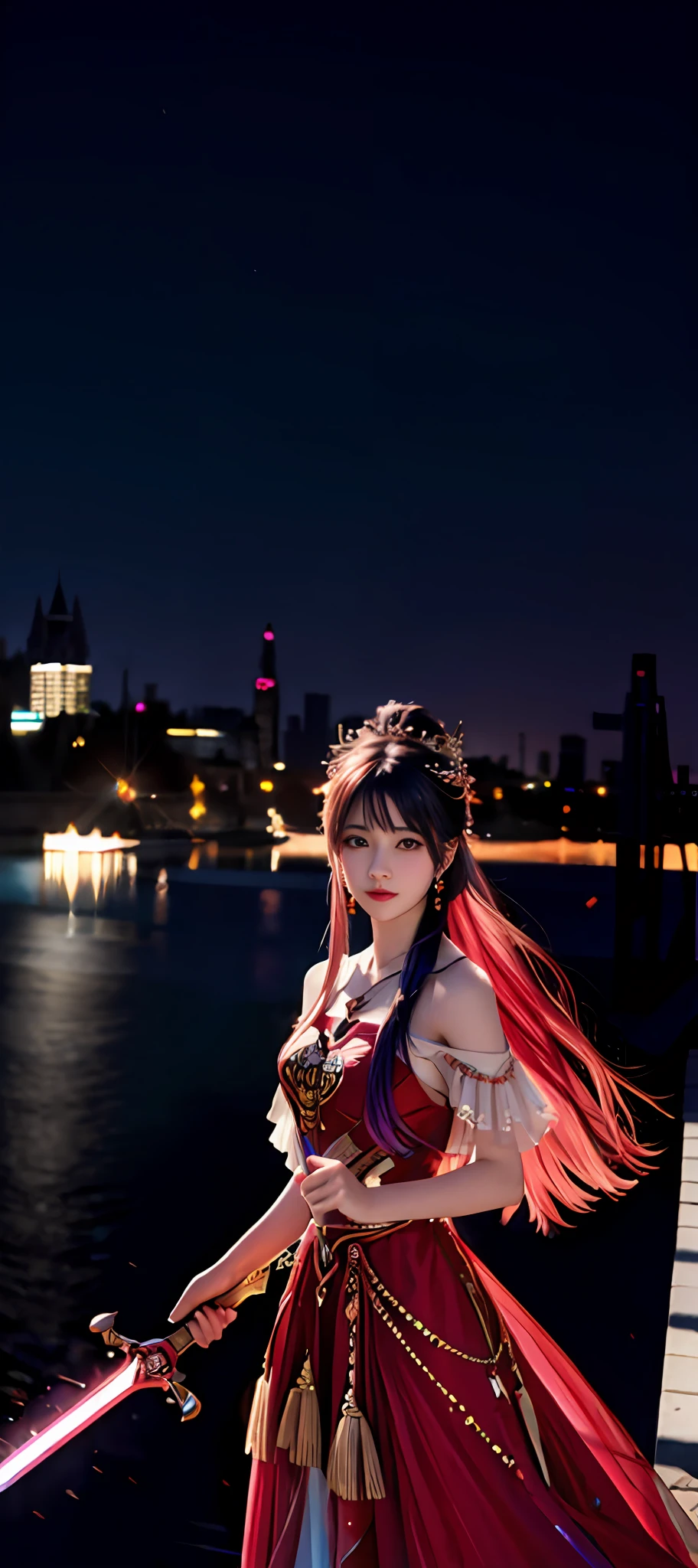 realisticity: 1.2), best quality, masterpiece, highres, cg, 1girl, weapon, sword, long hair, dress, water, solo, jewelry, red dress, earrings, hair ornament, splashing, upper body super realistis, hair bun, blue and pink hair, city backgraun realistis, lighting,candid, Photograph, high resolution, 8k, 10k, Bokeh,