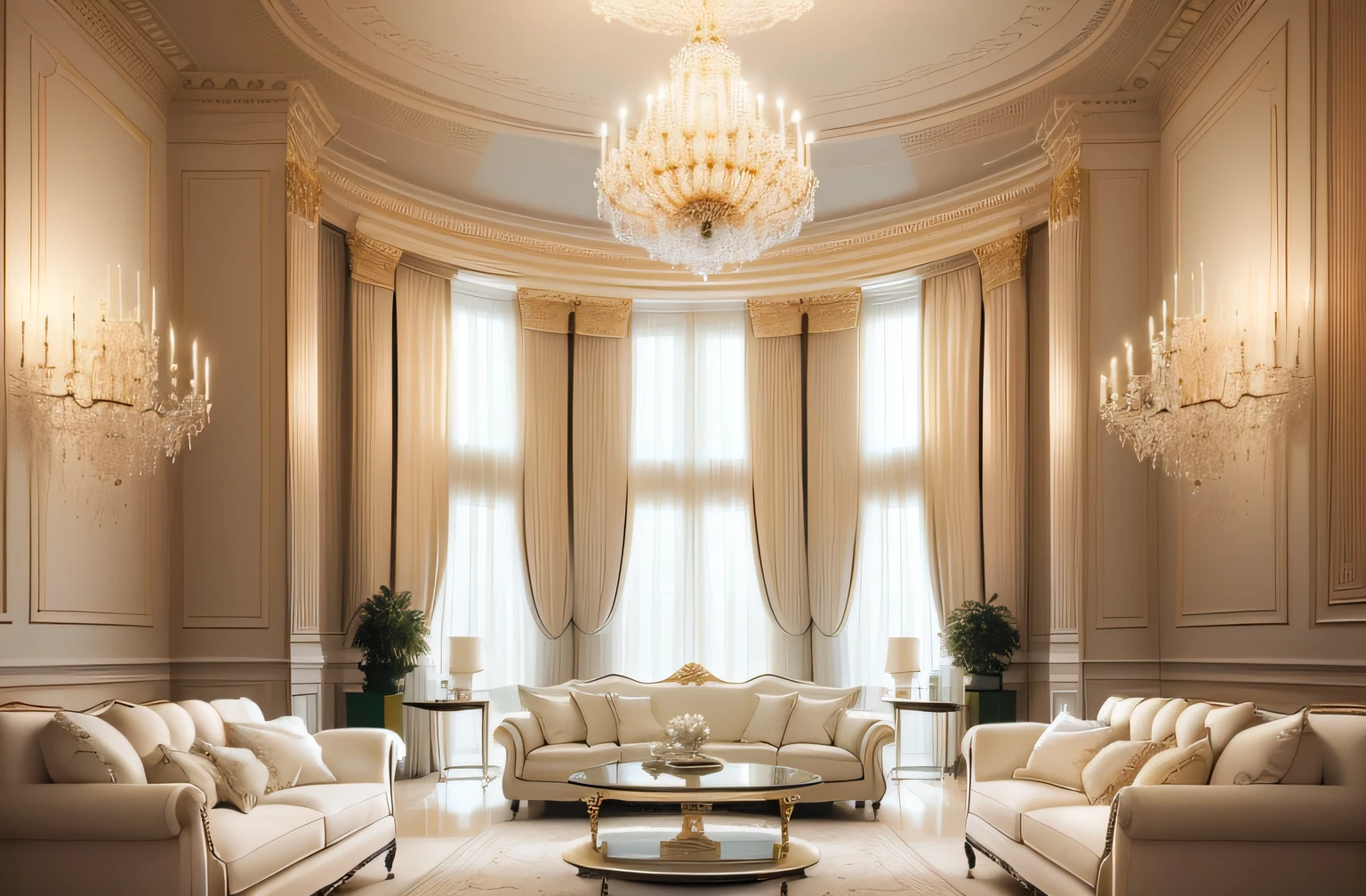 there is a room with a couch, a chair, Table and chandeliers, beautiful aesthetic design, inspired by Emilio Grau Sala, Inspired by Alexander Rossling, Inspired by Pierre-Joseph Redute, rounded ceiling, airy colors, neo - classical style, warm colored furniture, Inspired by Pierre Mion, muted colors with minimalism, elegant and refined