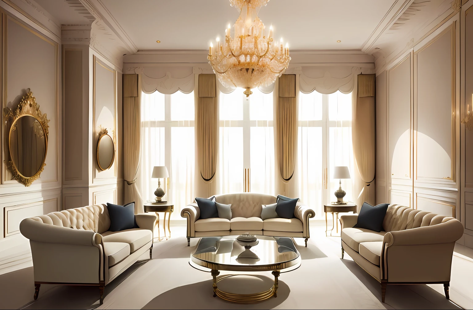 there is a room with a couch, a chair, Table and chandeliers, beautiful aesthetic design, inspired by Emilio Grau Sala, Inspired by Alexander Rossling, Inspired by Pierre-Joseph Redute, rounded ceiling, airy colors, neo - classical style, warm colored furniture, Inspired by Pierre Mion, muted colors with minimalism, elegant and refined