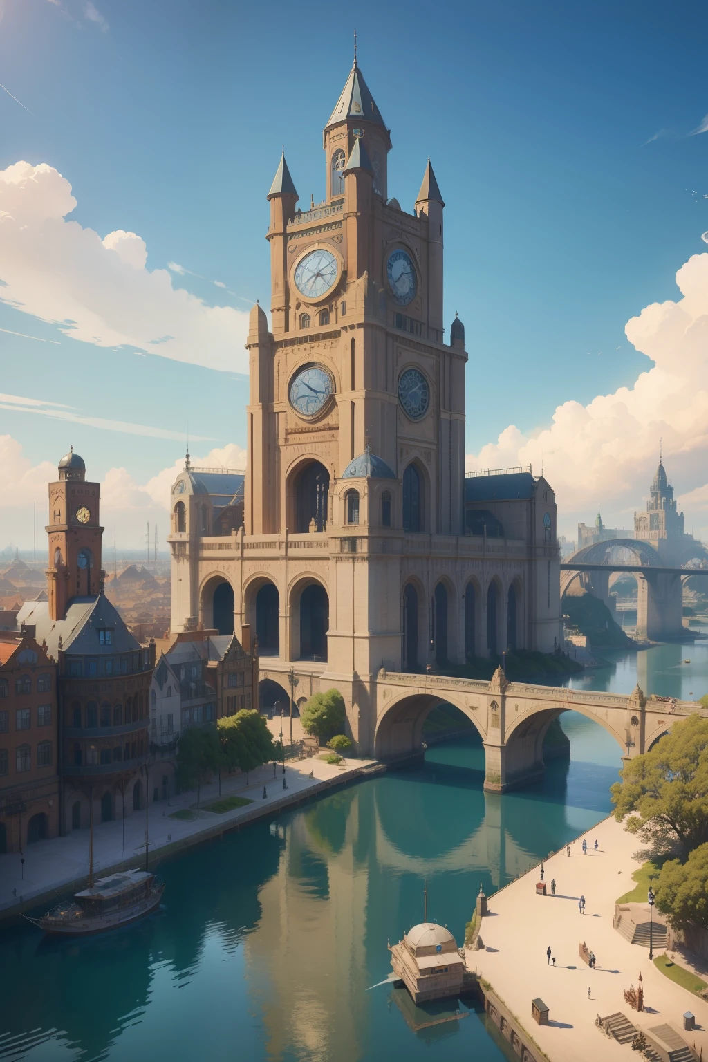 Ultra-detailed image of the thriving Victorian steampunk port city of high-tech RPG and magic. The city is filled with a network of bridges and rivers and is known for its factories that process bright blue light. Notable sites within the city include the bustling city center, The imposing city hall building in the Aetherpunk style with a vibrant blue dome of golden details with a clock, the ever-bustling port and the Factory Islands, where the bright blue hexadecimal is processed and the bright blue smoke. Full of steampunk navigations. The city is rich in gold and high-tech brass, Blue is bright like lunar magic, The City Hall building is round and looks like an imposing observatory. Com nitidez e boa qualidade, uma cidade de RPG de D&d. with water sources, da cidade de "Fonte" de "Impacto Genshin". Distance navigation with technological features steampunk pirates