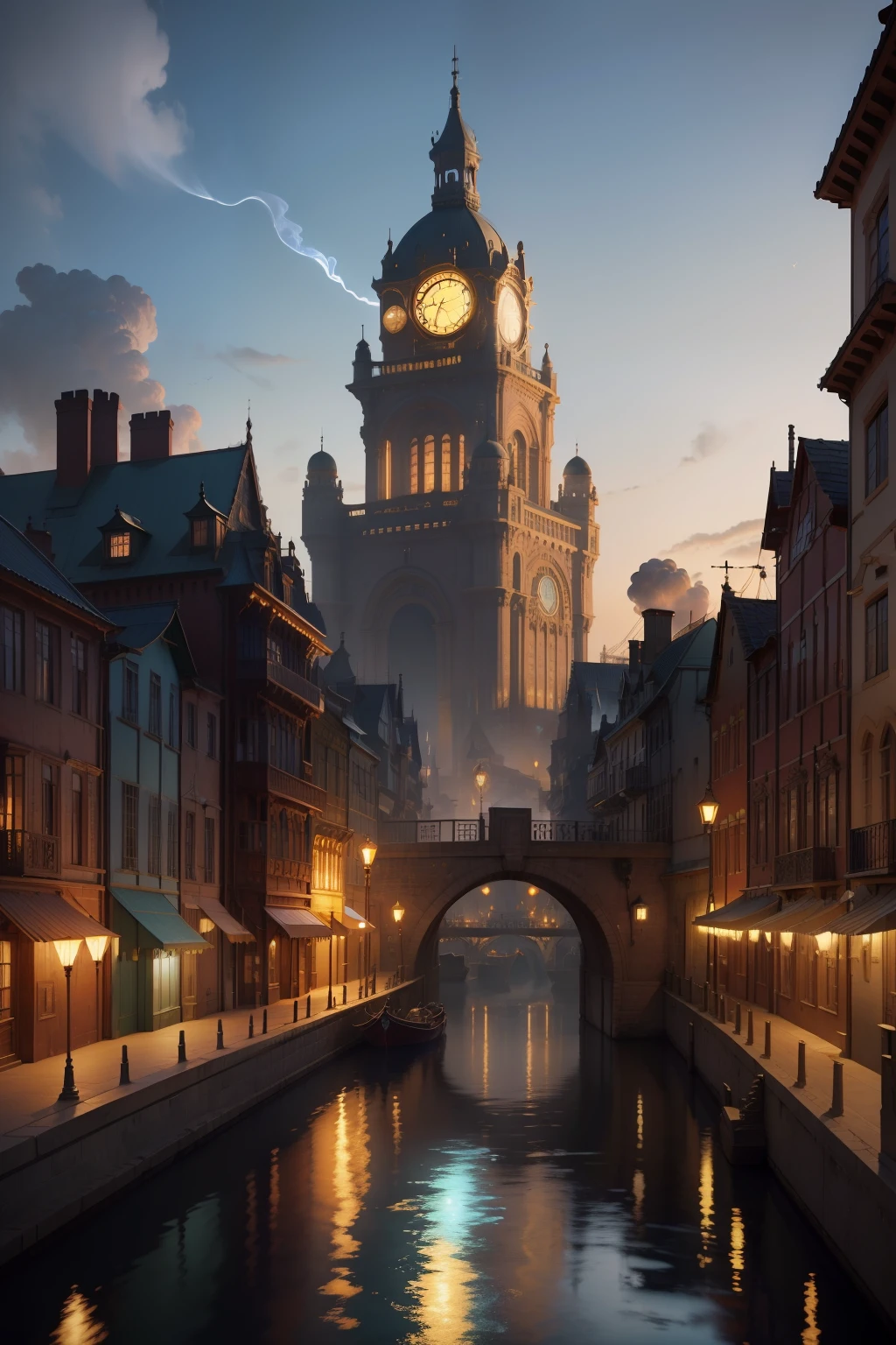 Ultra-detailed image of the thriving Victorian steampunk port city of high-tech RPG and magic. The city is filled with a network of bridges and rivers and is known for its factories that process bright blue light. Notable sites within the city include the bustling city center, The imposing city hall building in the Aetherpunk style with a vibrant blue dome of golden details with a clock, the ever-bustling port and the Factory Islands, where the bright blue hexadecimal is processed and the bright blue smoke. Full of steampunk navigations. The city is rich in gold and high-tech brass, Blue is bright like lunar magic, The City Hall building is round and looks like an imposing observatory. Com nitidez e boa qualidade, uma cidade de RPG de D&d. with water sources, da cidade de "Fonte" de "Impacto Genshin". Distance navigation with technological features steampunk pirates