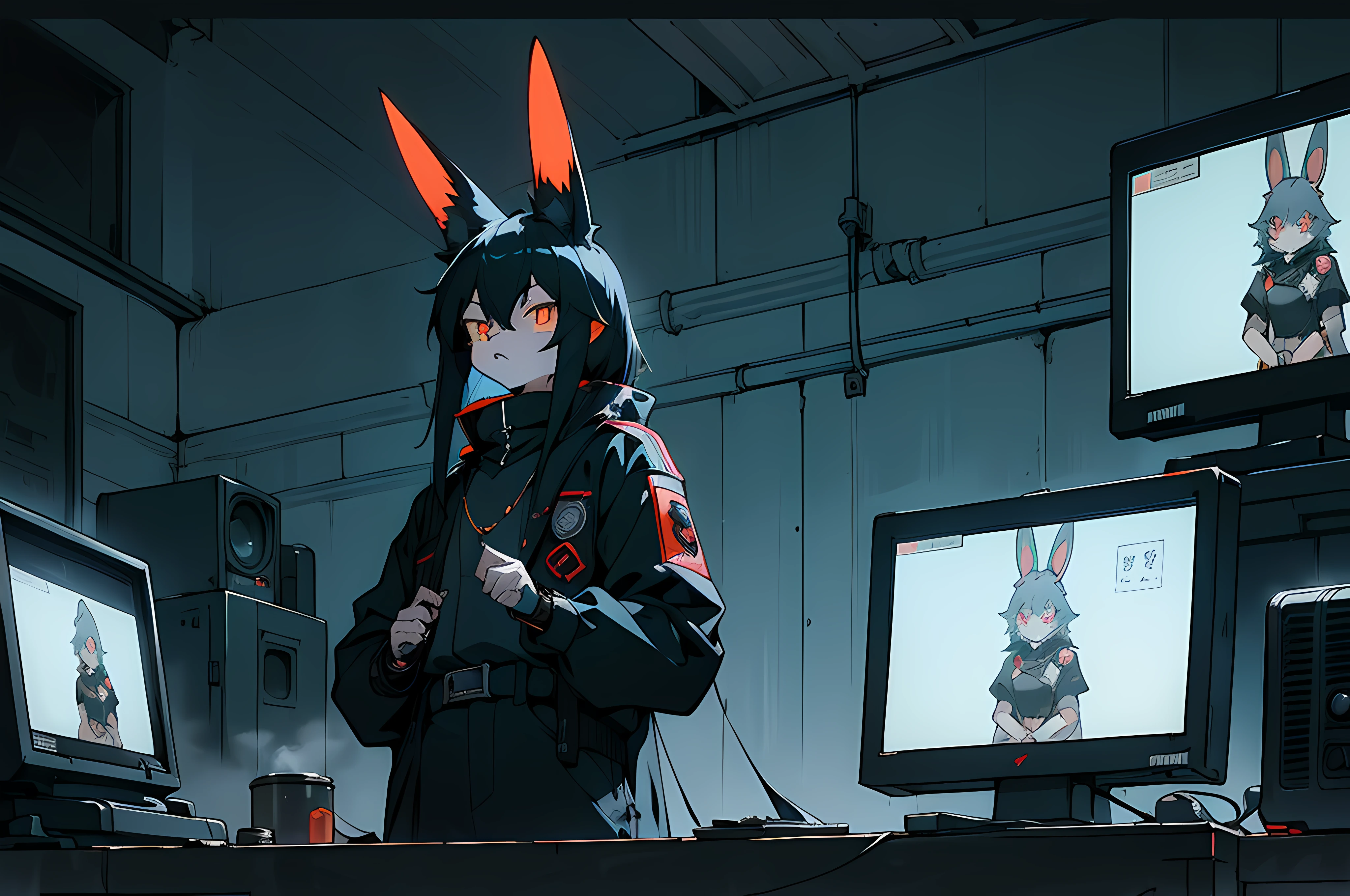 (((crowd of bunny officers))), (((cyberpunk bleak bleak bleak dark black black black bleak gray))), vampire hunter d, (vintage vhs), (crt screenshot), (((dark scene))), (((dark cloudy scene))), (((angel's egg anime))), (((serial experiments lain anime))), (((dystopian basement scene))), (((unlit nighttime scene))), (((dark abandoned cyberpunk glowing screens lab house))), (((angry black anthro kemono furry rabbit kommisar gestapo officer fighter with uniform and tall bunny ears exploring old computer screens))), (((cyberpunk dystopian headquarters filled with glowing computer monitors and red screens))), anime black rabbit gestapo with futuristic hair and piercing glowing eyes and tall bunny ears commander, anime art, anime aesthetic, (((old electronics in background cel art))), kemono anime rabbit man, wearing cybernetic bunny ears, angry male fighter --v6