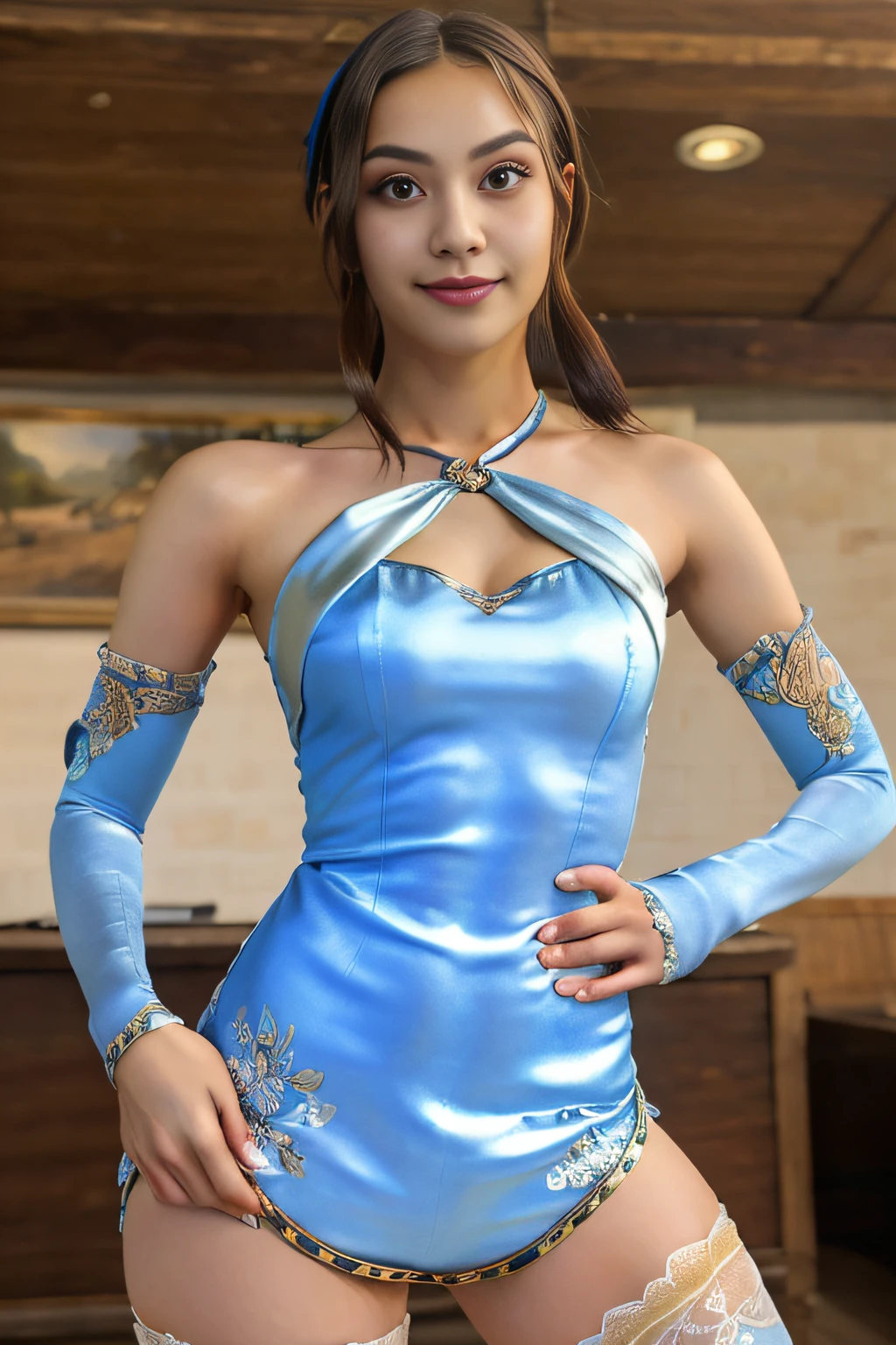 (masterpiece, best quality:1.2), cowboy shot, solo, 1girl, Xianghua, closed mouth, looking at viewer, hand on hip, hairband,  XiaRobe dress, , pantyhose,  (insanely detailed, beautiful detailed face, masterpiece,beautiful detailed face eyes, best quality), silk, satin, shiny, sexy pose, smile,