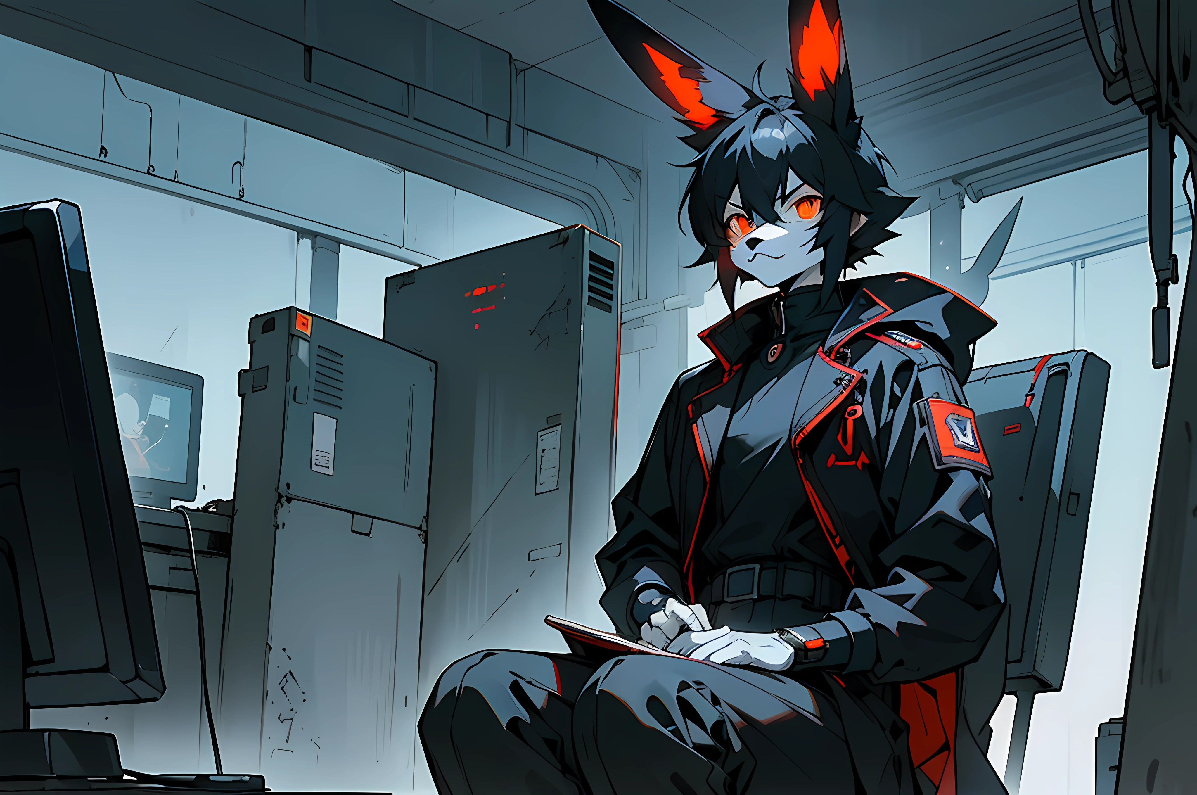 (((crowd of bunny officers))), (((cyberpunk bleak bleak bleak dark black black black bleak gray))), vampire hunter d, (vintage vhs), (crt screenshot), (((dark scene))), (((dark cloudy scene))), (((angel's egg anime))), (((serial experiments lain anime))), (((dystopian basement scene))), (((unlit nighttime scene))), (((dark abandoned cyberpunk glowing screens lab house))), (((angry black anthro kemono furry rabbit kommisar gestapo officer fighter with uniform and tall bunny ears exploring old computer screens))), (((cyberpunk dystopian headquarters filled with glowing computer monitors and red screens))), anime black rabbit gestapo with futuristic hair and piercing glowing eyes and tall bunny ears commander, anime art, anime aesthetic, (((old electronics in background cel art))), kemono anime rabbit man, wearing cybernetic bunny ears, angry male fighter --v6