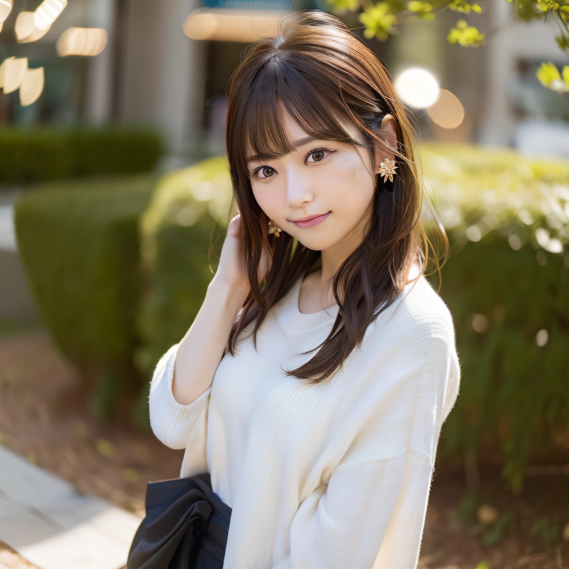 8k RAW photo,Best Quality, top-quality:1.1, ​masterpiece:1.3,超A high resolution, (Photorealistic:1.4), Raw photo, (upper thigh:1.5, From Side), natural skin textures:1.1, realistic eyes and face details:1.1, Full lips,(Background is blurry:1.4), (in a suite), 1日本人の女の子, Cute, (Solo:1.6), (Shy smile), (Dark brown eyes), Smooth skin, (Brown medium hair,Bangs), (touch hair:1.4),nogizaka,a park,suits、full bodyesbian、:1.4、Officelady:1.2