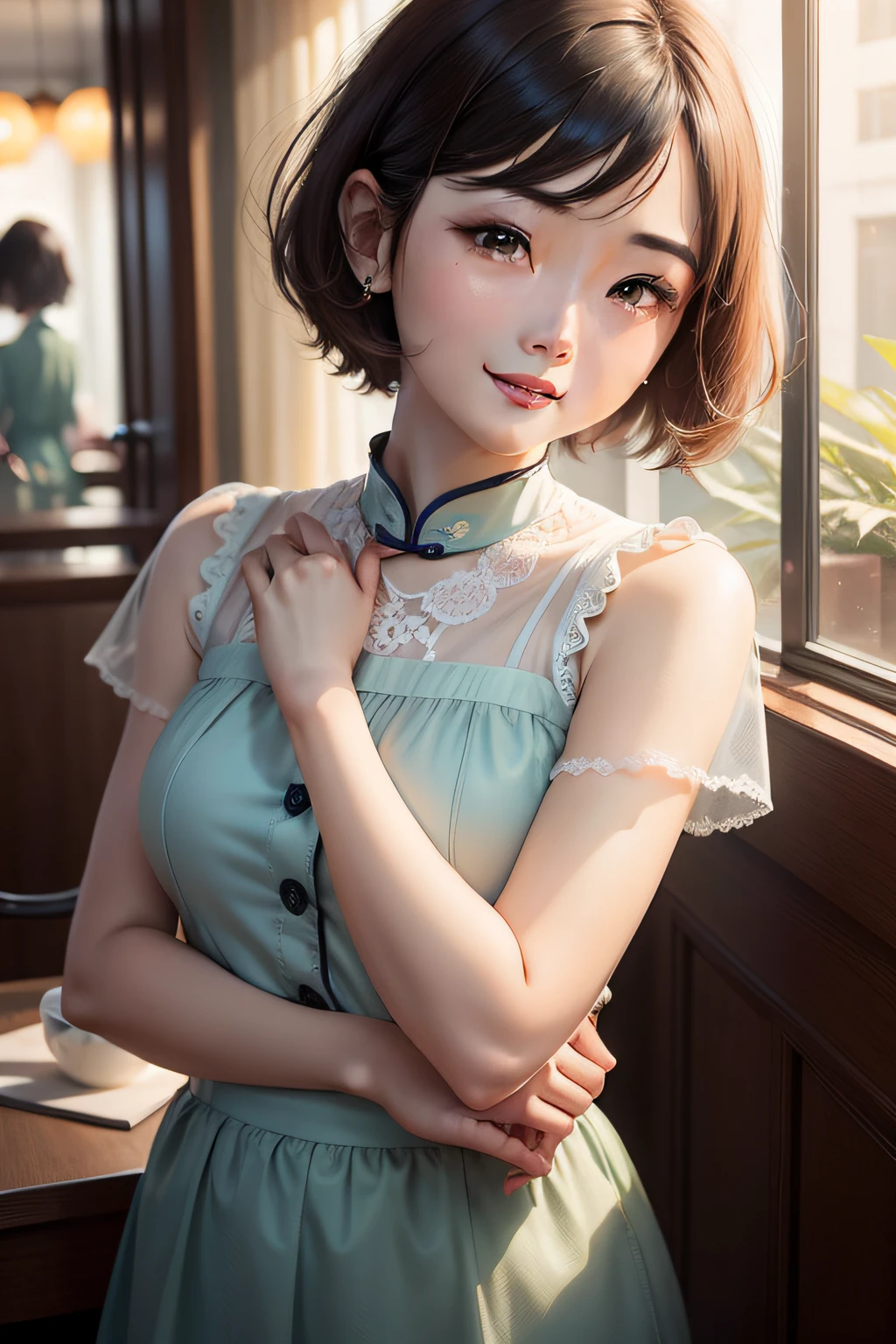 Deng Xiaosi,Four girls,Bright and lively,Delicate short hair,and love to laugh,Delicate eyes,clever,