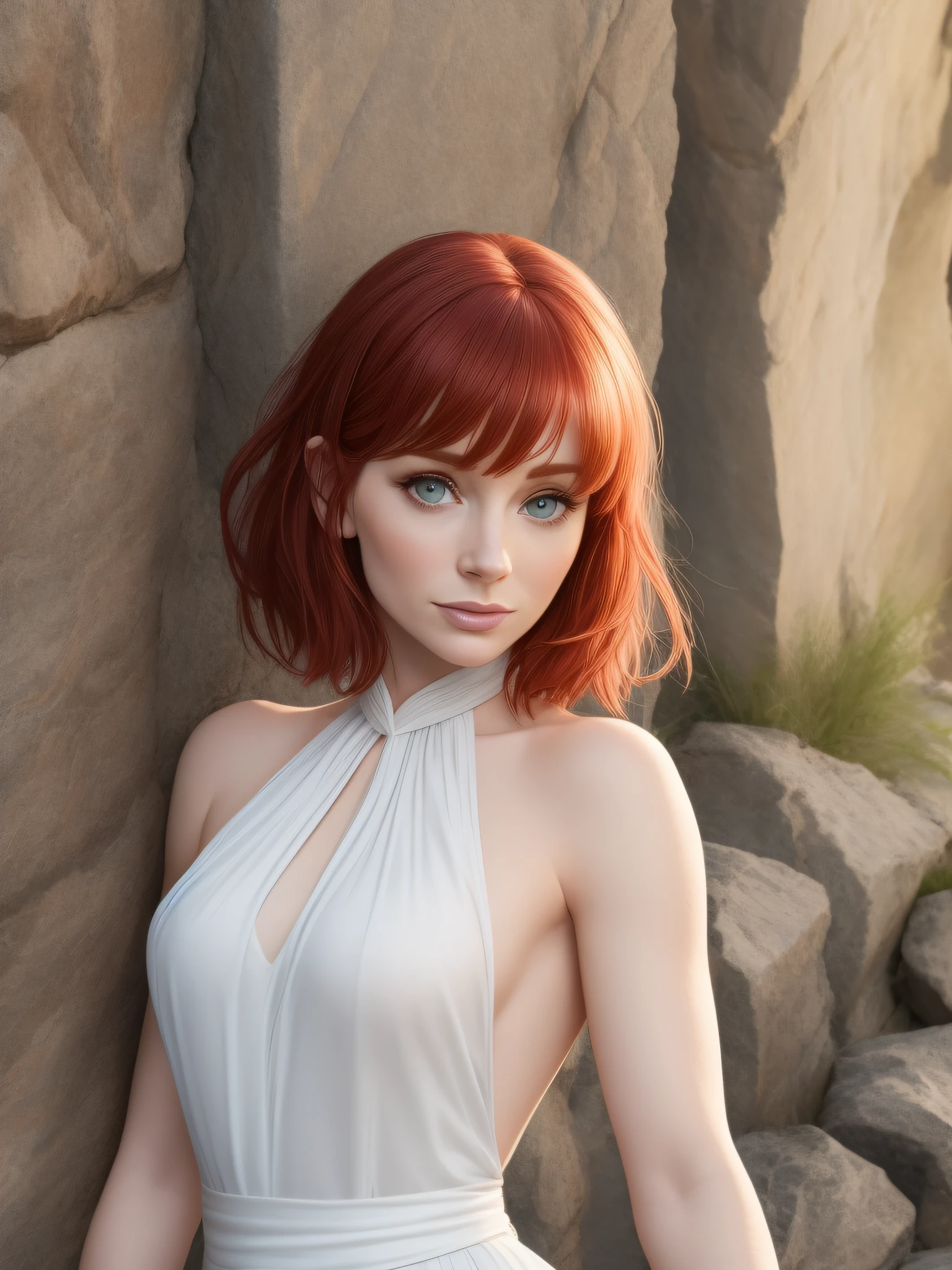 Bryce Dallas Howard com cabelos Loiros, 29 anos de idade, in white draped dress without straps, fendas laterais nas pernas, estilo grego, pernas expostas, braceletes dourados largos nos dois punhos, loiros cabelos soltos ao vento, olhos azuis , adorable facial expression looking at the camera, corpo atletico, Scenery of Stones, whole body view.