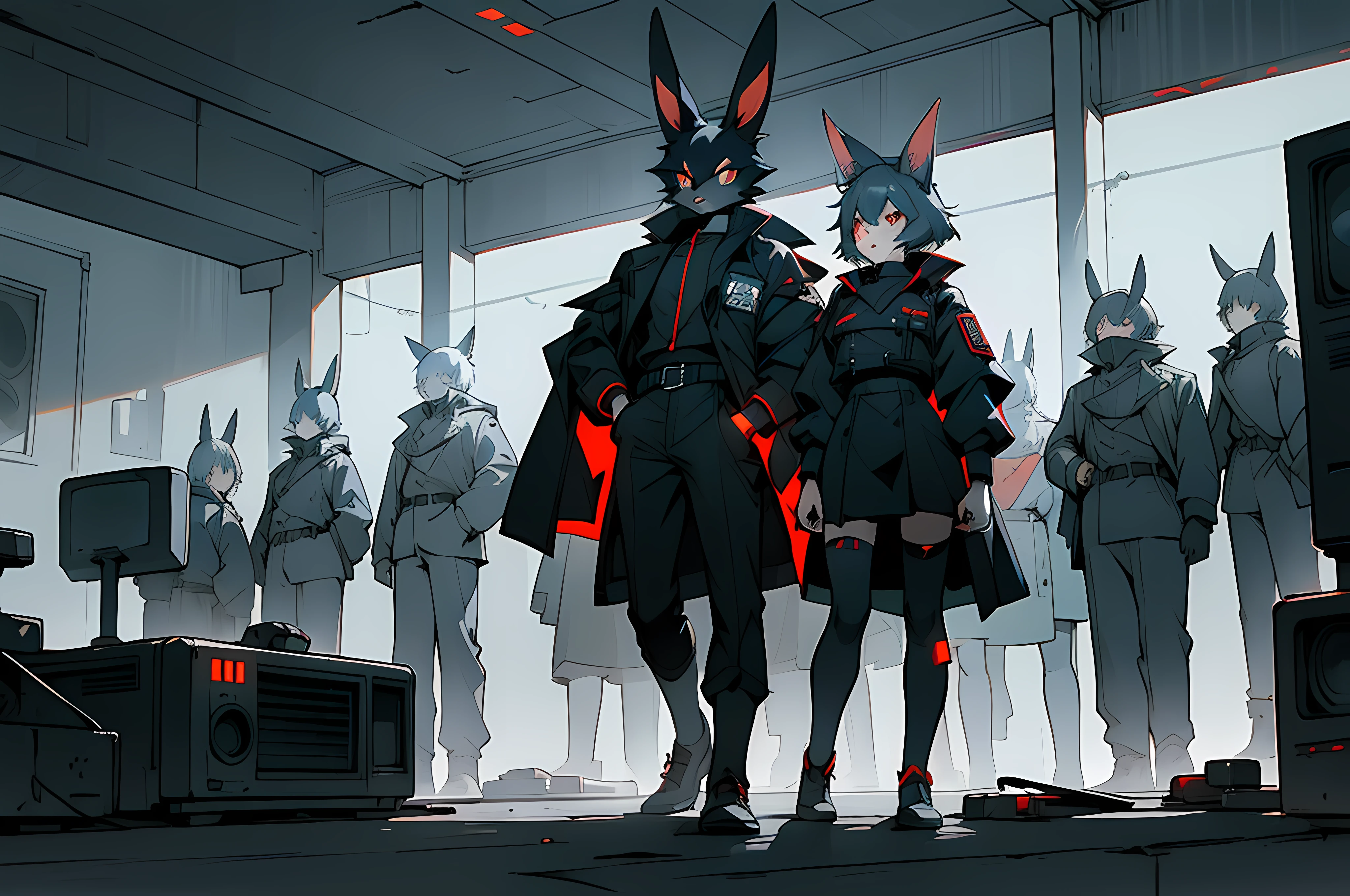 (((crowd of bunny officers))), (((cyberpunk bleak bleak bleak dark black black black bleak gray))), vampire hunter d, (vintage vhs), (crt screenshot), (((dark scene))), (((dark cloudy scene))), (((angel's egg anime))), (((serial experiments lain anime))), (((dystopian basement scene))), (((unlit nighttime scene))), (((dark abandoned cyberpunk glowing screens lab house))), (((angry black anthro kemono furry rabbit kommisar gestapo officer fighter with uniform and tall bunny ears exploring old computer screens))), (((cyberpunk dystopian headquarters filled with glowing computer monitors and red screens))), anime black rabbit gestapo with futuristic hair and piercing glowing eyes and tall bunny ears commander, anime art, anime aesthetic, (((old electronics in background cel art))), kemono anime rabbit man, wearing cybernetic bunny ears, angry male fighter --v6