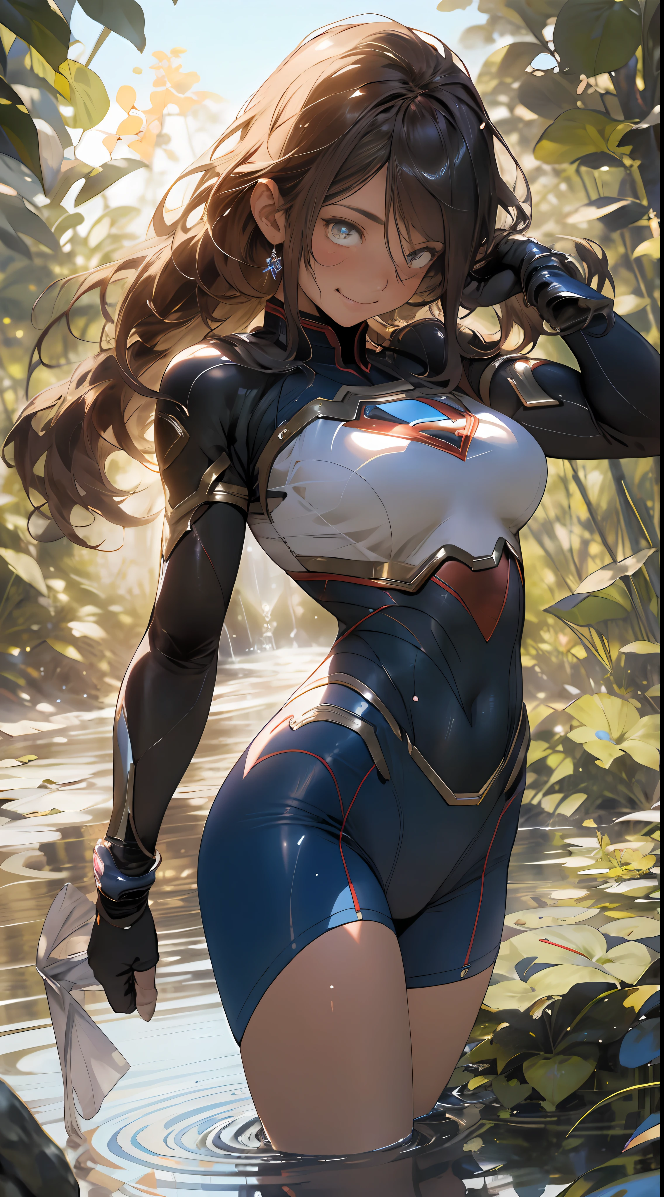 (RAW photo, Best quality), extremely detailed CG unity 8k壁纸,ink,astounding,电影灯光,lens_flare,dunhuang_Style,beautiful lady, Alphonse Mucha's style, light reflections, Oil painting, voluminetric lighting,sexy big breasts exposed,1female,36 years old,Huge breasts, 独奏, Supergirl,Wearing a blue Superman uniform, coniferous forest, She has long flowing hair, Bare genitalia, standing on your feet,Bigchest,Wet straight hair,Sweat profusely,drenched all over the body,frontage, hair straight, mostly cloudy sky,(((tmasterpiece),(Very detailed CG unity 8K wallpaper),best qualtiy,cinmatic lighting,detailed back ground,beatiful detailed eyes,Bright pupils,(Very fine and beautiful),(Beautiful and detailed eye description),ultra - detailed,tmasterpiece,)),facing at camera,A high resolution,ultra - detailed),beautifullegs,Very long hair,legs are open,Emotive expressions,Smile,Open-mouthed,Flushed complexion,Chest sagging,nakeness, Bulge,Expose the genitals,revealing breasts,Camel toes,with no underpants,extremely large bosom,Extremely colorful,Most detailed,fully body photo,The face is well lit