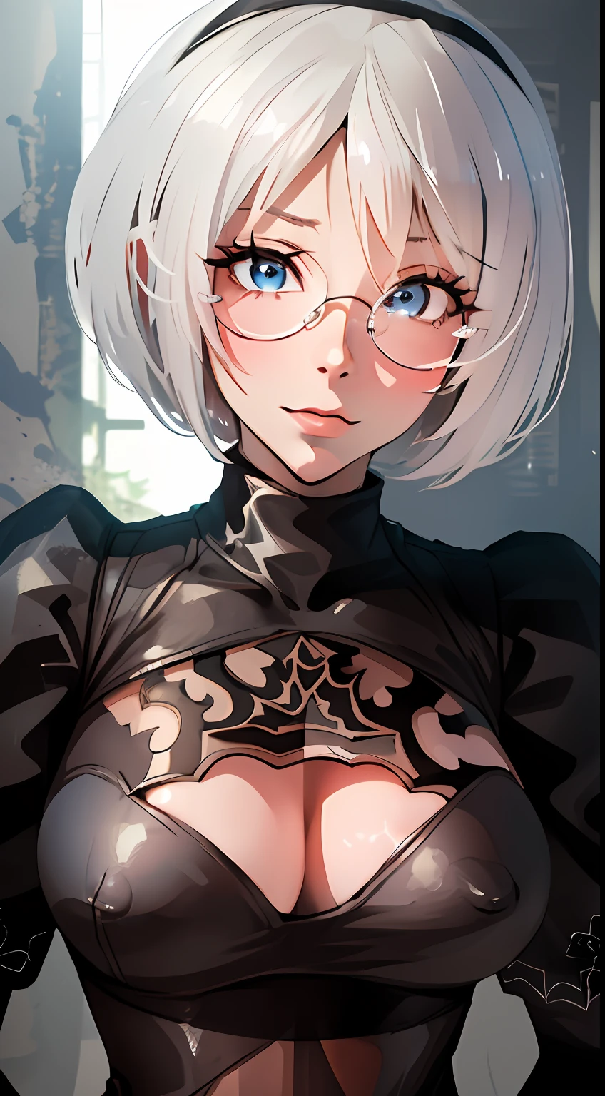 (Detailed face and eyes:1.3),
n_2b,White background,inky,Blue eyes，shorth hair，The upper part of the body，big breasts，cleavage of the breast，Black-rimmed glasses，
ultra-detailliert,(hight resolution:1.1),Best Quality,(masutepiece:1.3),Cinematic lighting，