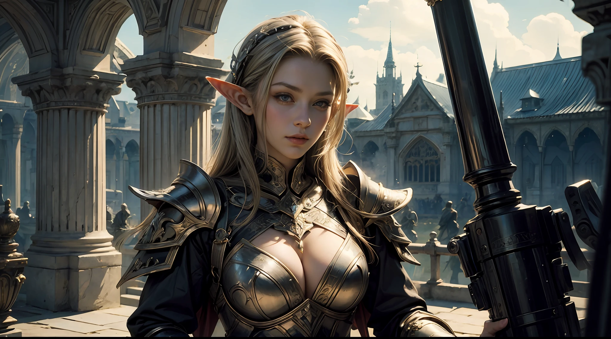 female elf，Large breasts，palaces，magia, solemn atmosphere，Heavy armor，Complex patterns， Description of the Ultrra precise pointer, Photorealistic, Super detail, Masterpiece, Best quality, A high resolution, 8K，mystic symbols，complex patterns