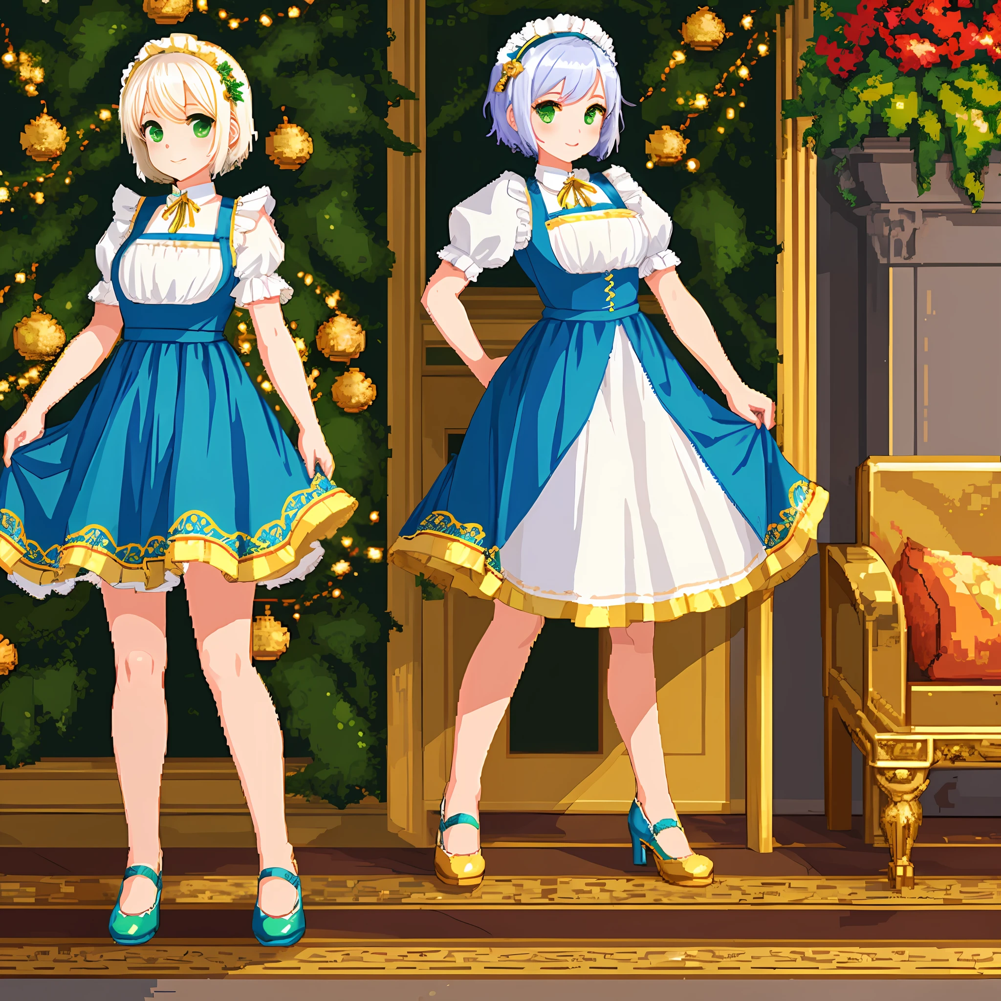 (PIXEL ART) 1girl, full body, white short hair, green eyes, blue maid dress, standing straight, long skirt with golden ornaments, white background