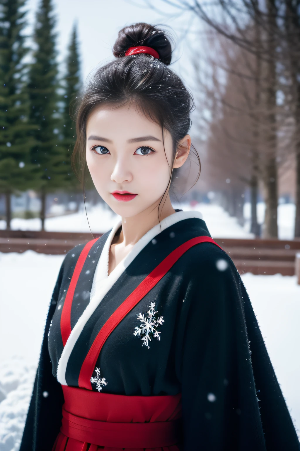 1 female，in snow，18yr old，（digital model：Nanako Matsushima 1.8），（Fine skeletal face，s delicate face），com rosto detalhado，（Traditional Japanese makeup）， Black colored eyes，（Look into the distance），Just roll up a top bun，（（Windswept hair，Falling snow overhead）），Flaming red lips，Fair smooth skin，（Best Skin Type：1.21），（（Pure white kimono），Red waist seal），masterpiece1.3，（（Hasselblad photograp）），（Close-up of avatar，Avatar photo），scene：Her skin beats snow in a blizzard，Black hair and red lips，Black lines in white，Red waist band，Beauty meets snow，Snow map style，8K分辨率， physically-based renderingt，profesional lighting，Surreal photography，exquisite detailing，详细的脸，The picture is pure，Perfect posture，Ultra-fine makeup，Ultra-fine clothing material